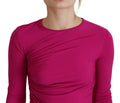 Robe courte fuchsia en viscose à manches longues et drapés de la marque Dsquared², vue de face.