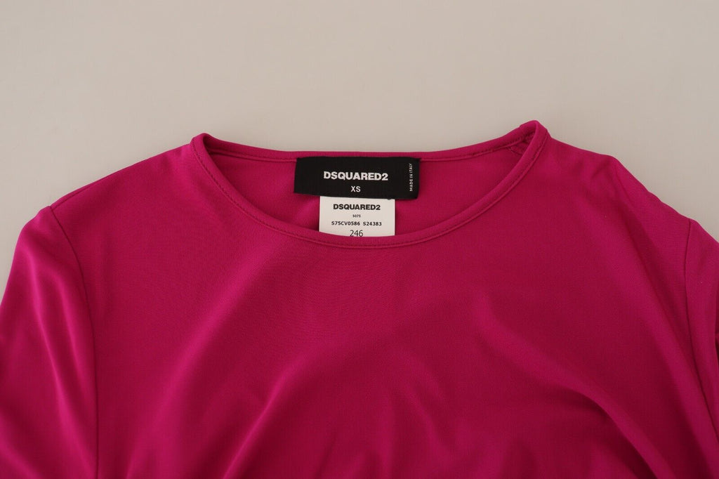 Robe courte fuchsia en viscose à manches longues et drapée de la marque Dsquared², avec un style élégant et moderne.