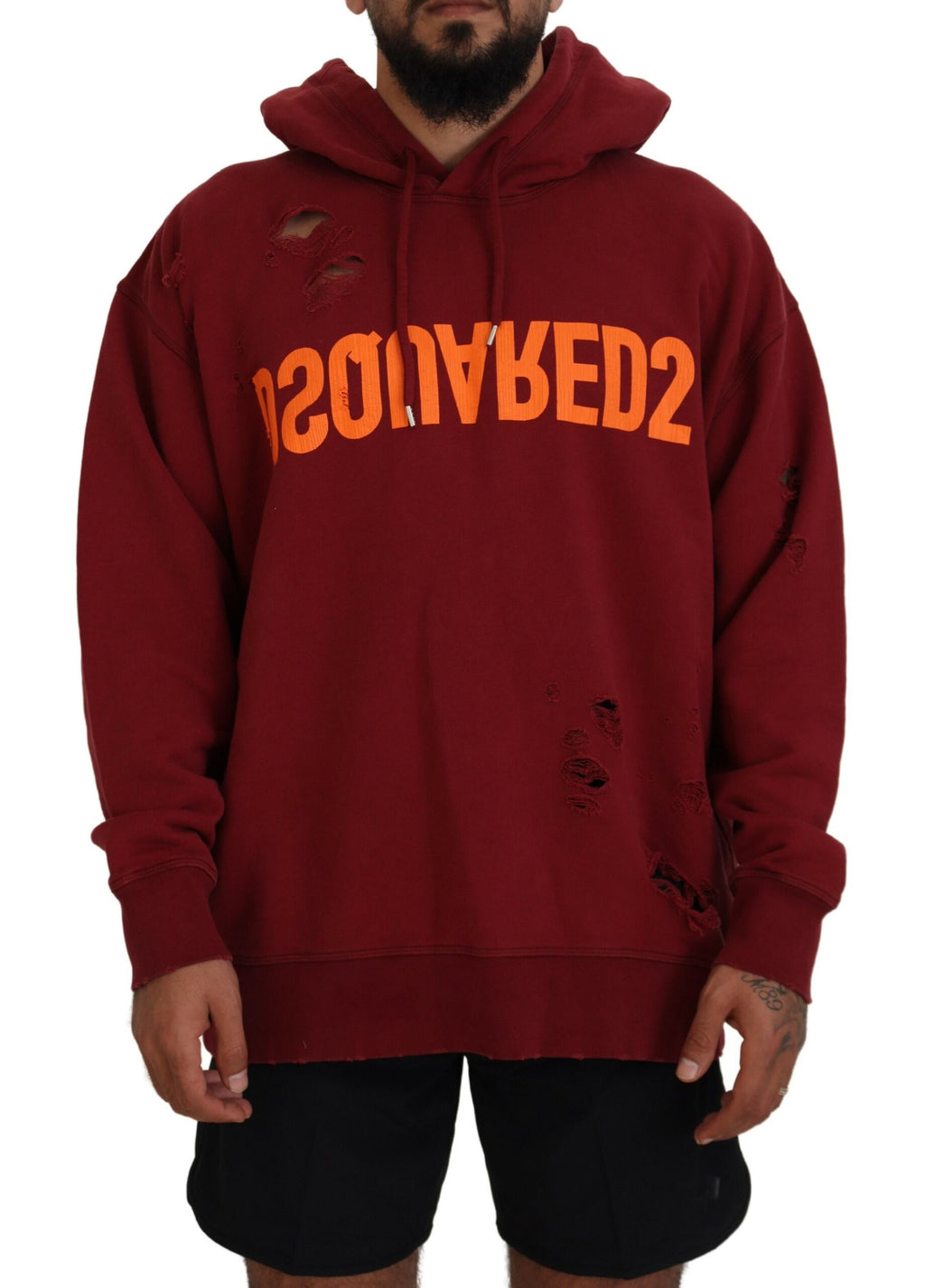 Sweat à capuche en coton marron avec déchirures et imprimé, par Dsquared², vue de face.