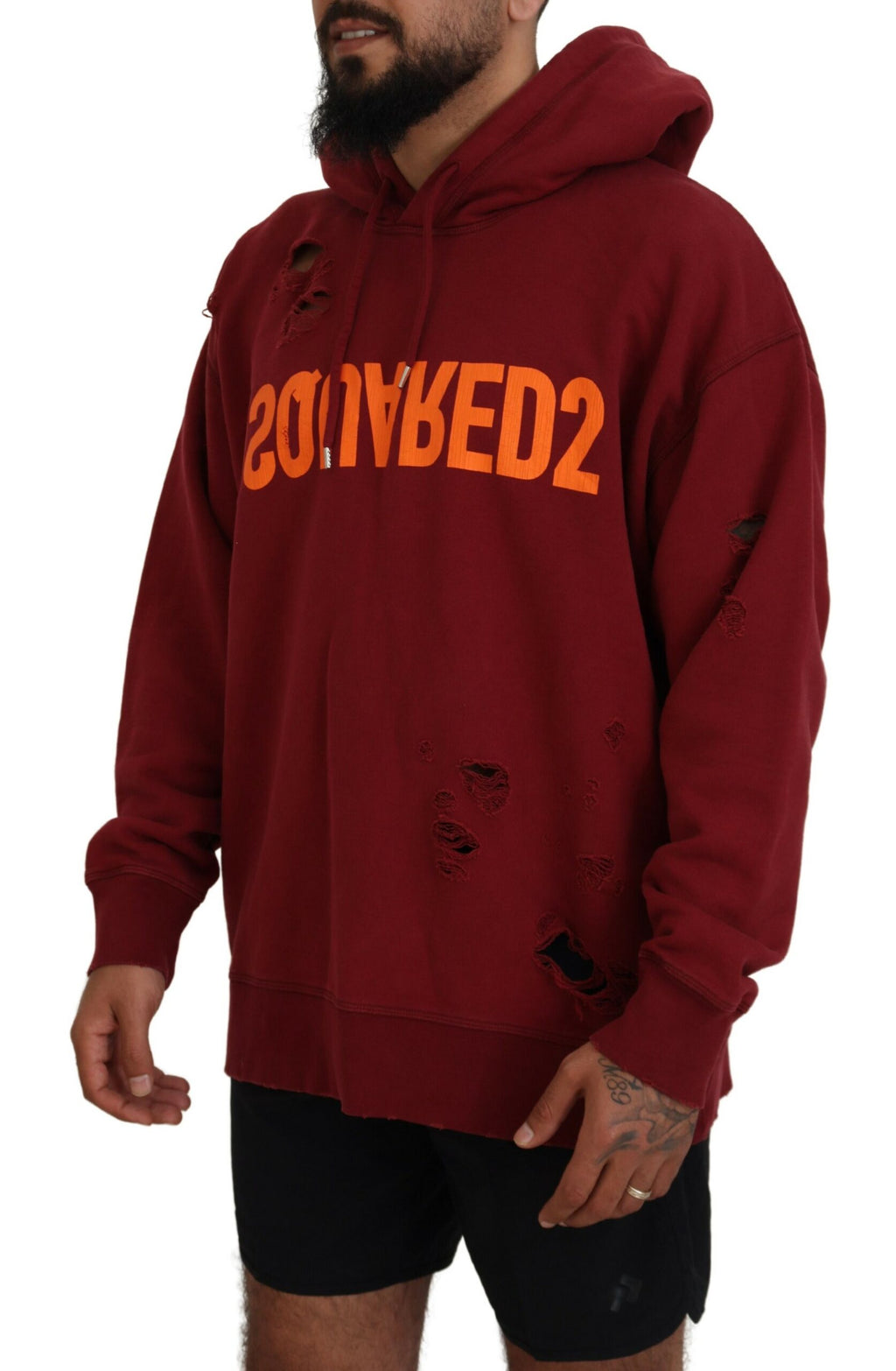 Sweat à capuche en coton bordeaux tissé à motifs, pullover déchiré, style décontracté de la marque Dsquared².