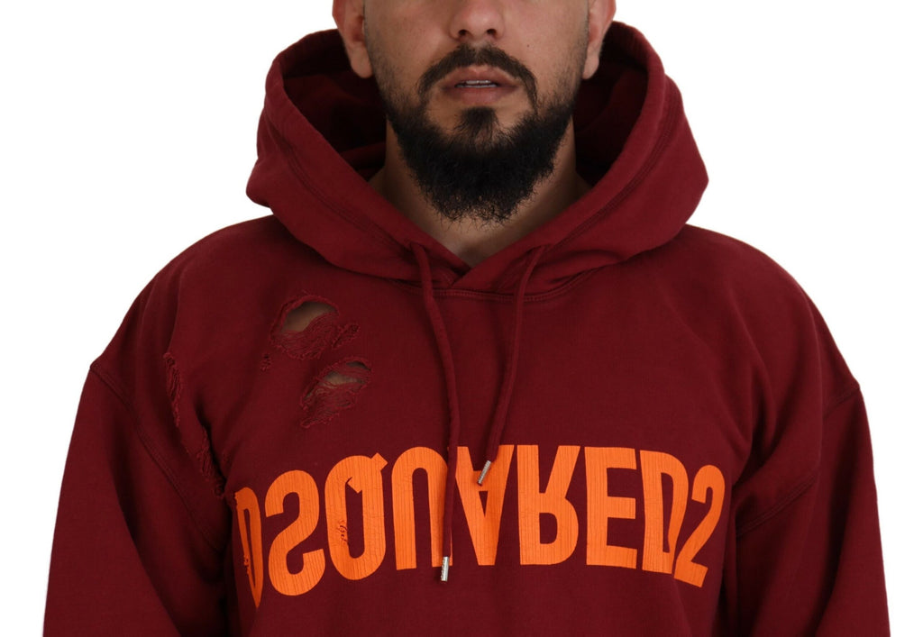 Sweat à capuche en coton marron tissé avec imprimé, pull style déchiré de la marque Dsquared².