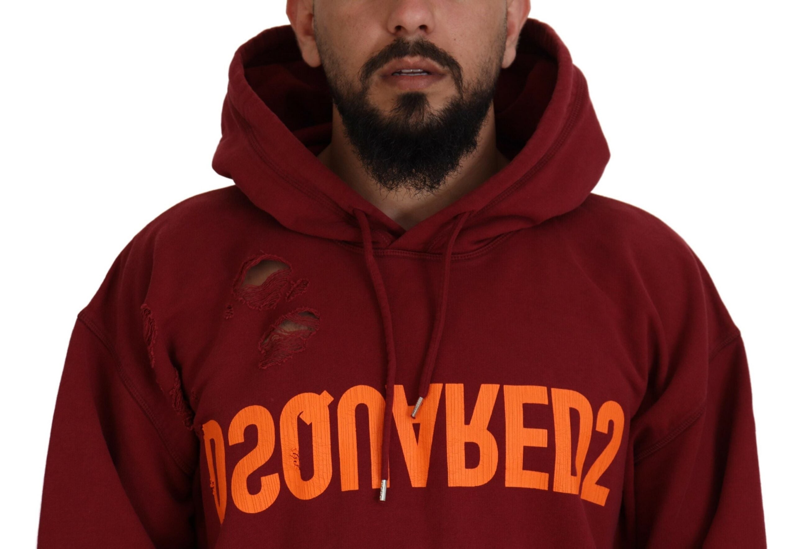Sweat à capuche en coton marron tissé avec imprimé, pull style déchiré de la marque Dsquared².