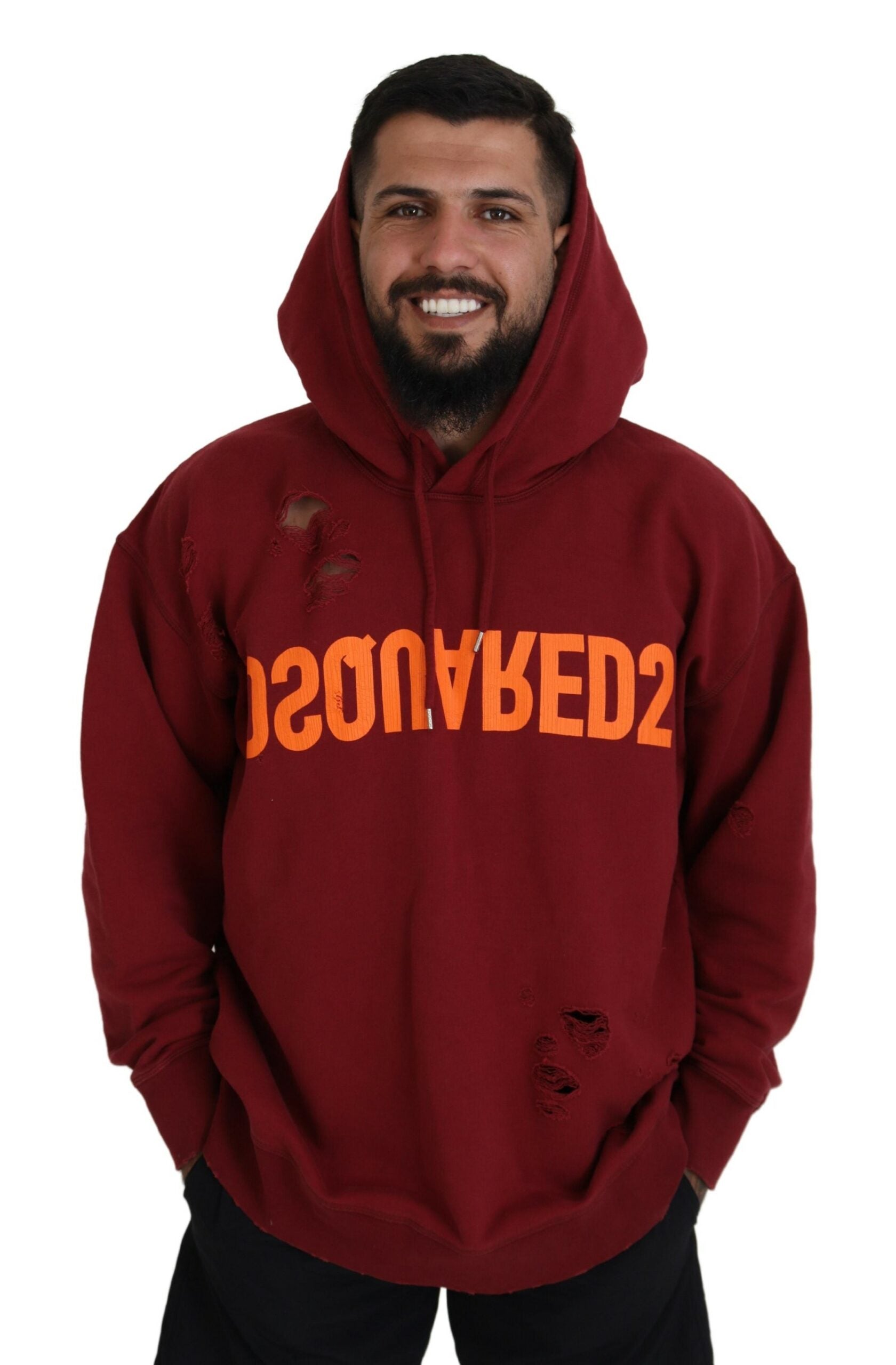Sweat à capuche en coton bordeaux tissé avec motif imprimé et détails déchirés, de la marque Dsquared².
