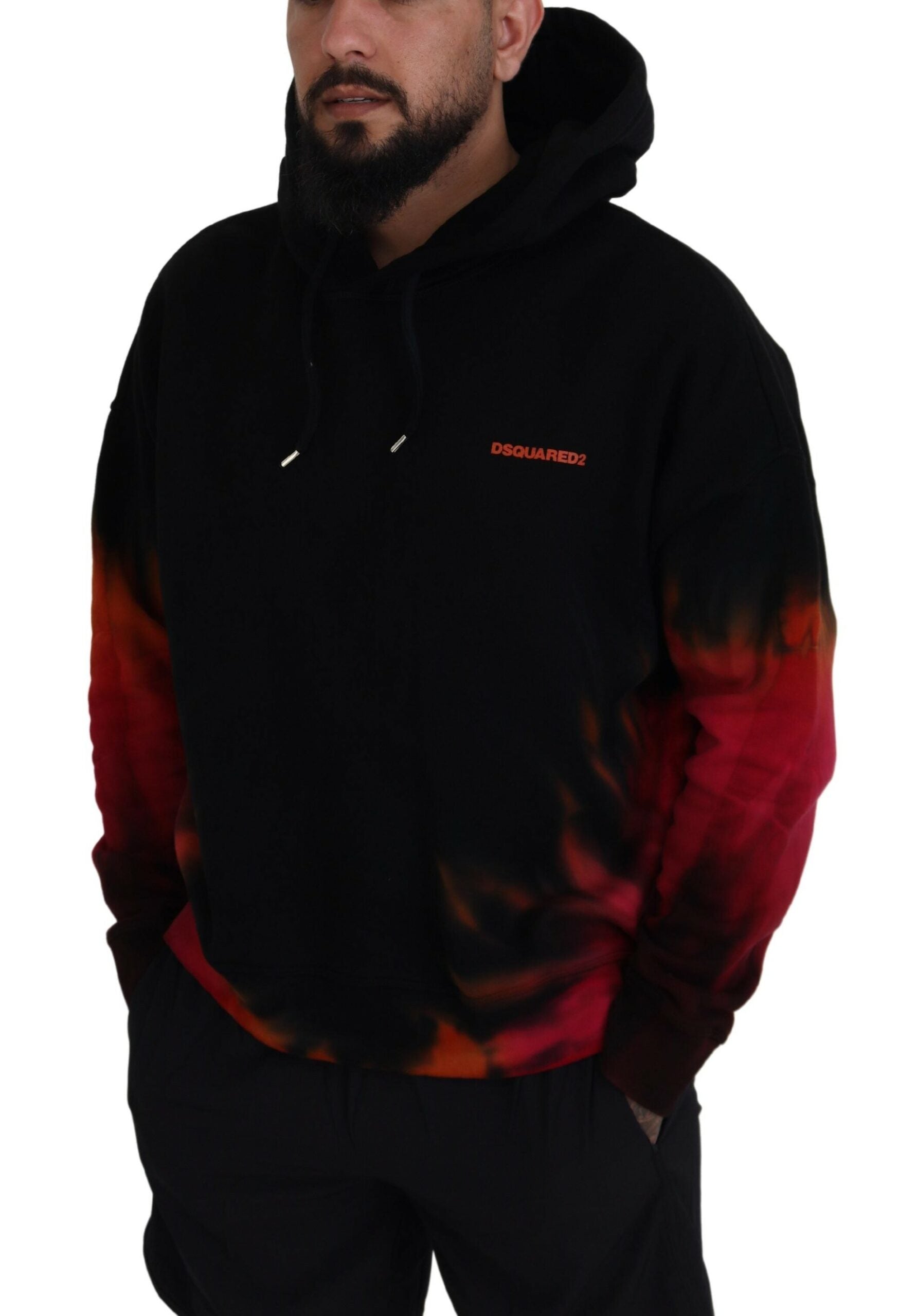 Sweat à capuche en coton tie-dye noir et rouge de Dsquared², pull-over à capuche avec design coloré et confortable.