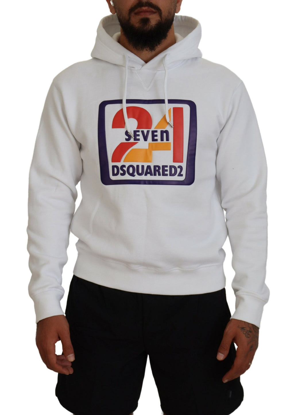 Sweat à capuche blanc en coton pour homme de Dsquared² avec imprimé, pull-over décontracté et confortable.