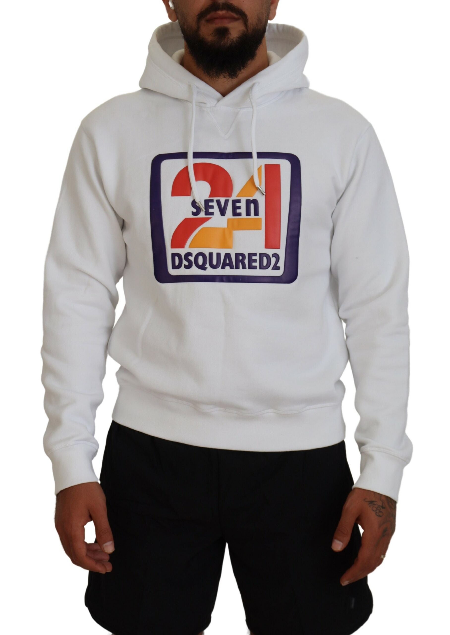 Sweat à capuche blanc en coton pour homme de Dsquared² avec imprimé, pull-over décontracté et confortable.
