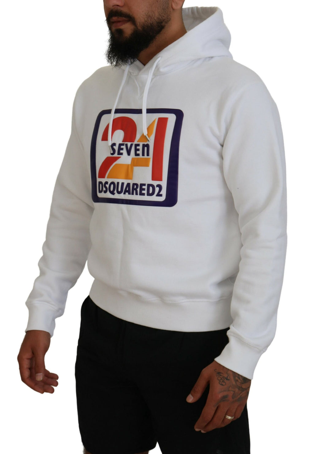 Sweat à capuche blanc en coton pour homme de Dsquared² avec imprimé, pull-over décontracté et tendance.