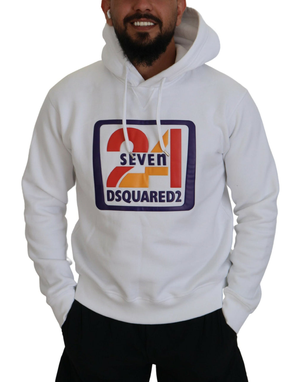 Sweat à capuche blanc en coton pour homme de Dsquared² avec imprimé, pull-over décontracté et confortable.