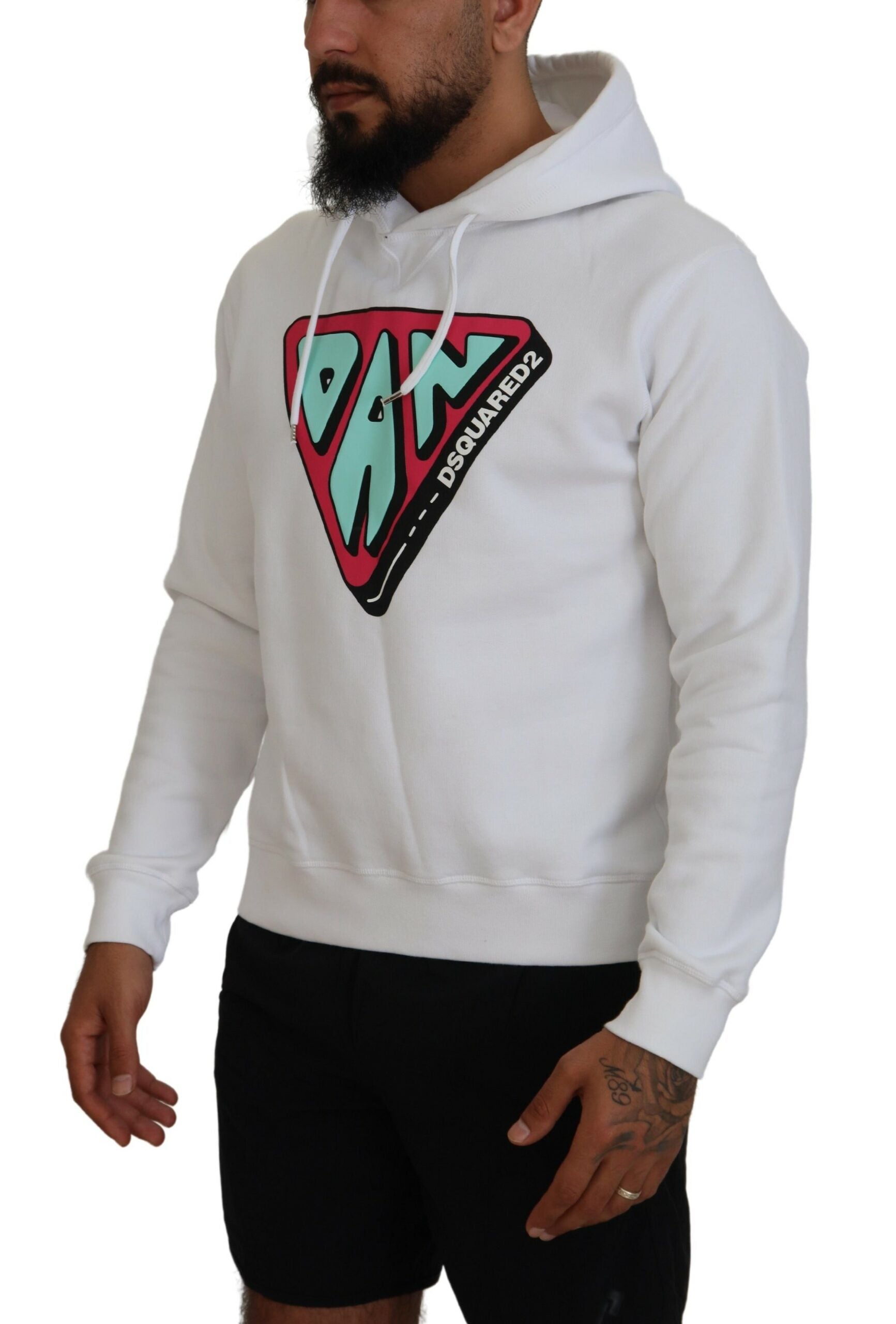 Sweat à capuche en coton blanc avec imprimé de la marque Dsquared², vue de face, doux et confortable.