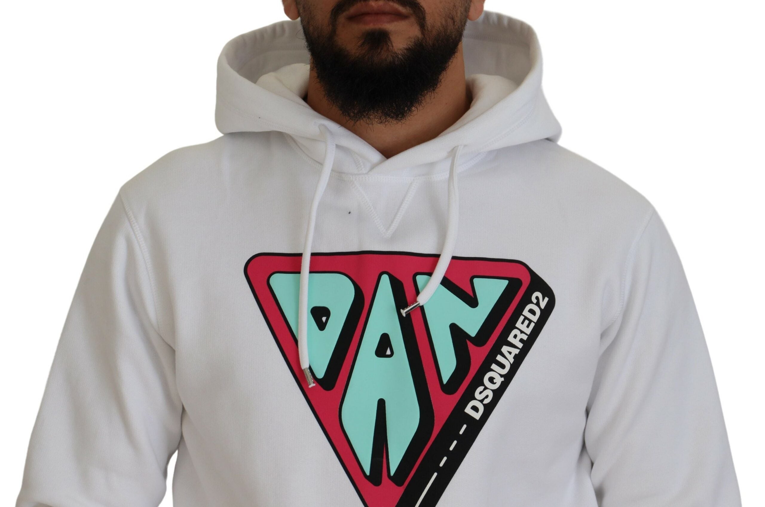 Sweat à capuche blanc en coton Dsquared² avec imprimé graphique, pull-over décontracté et confortable, vue de face.