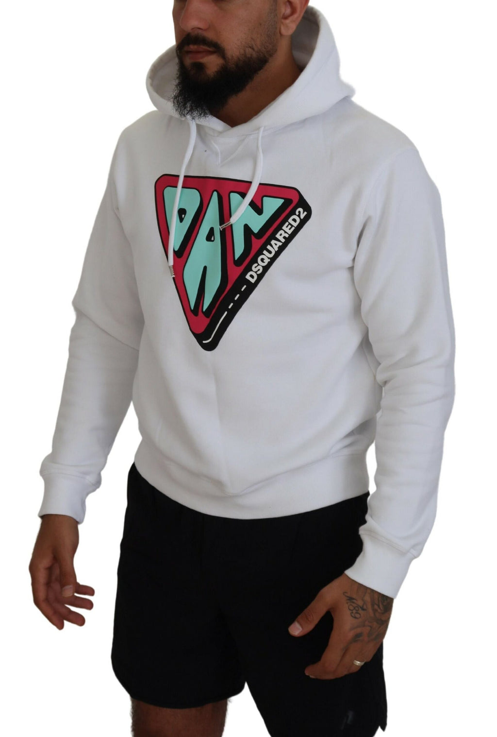 Sweat à capuche blanc en coton avec motifs imprimés de Dsquared², pull-over décontracté et confortable.