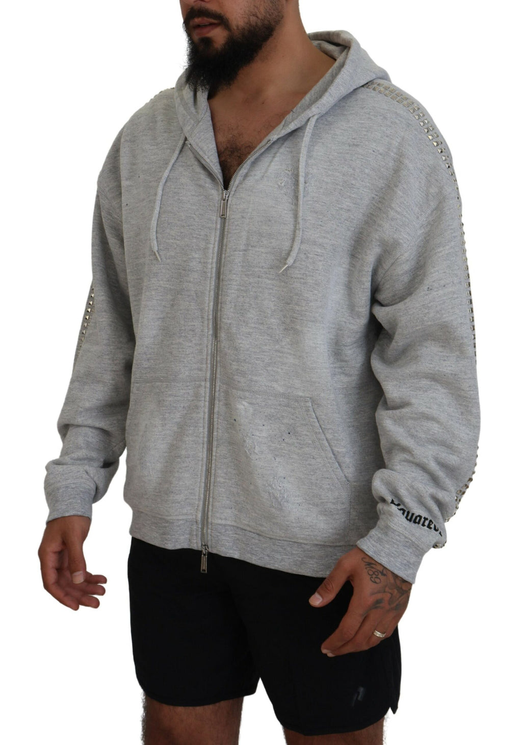 Sweat à capuche gris imprimé avec cristaux de la marque Dsquared², détails élégants et embellissements brillants.