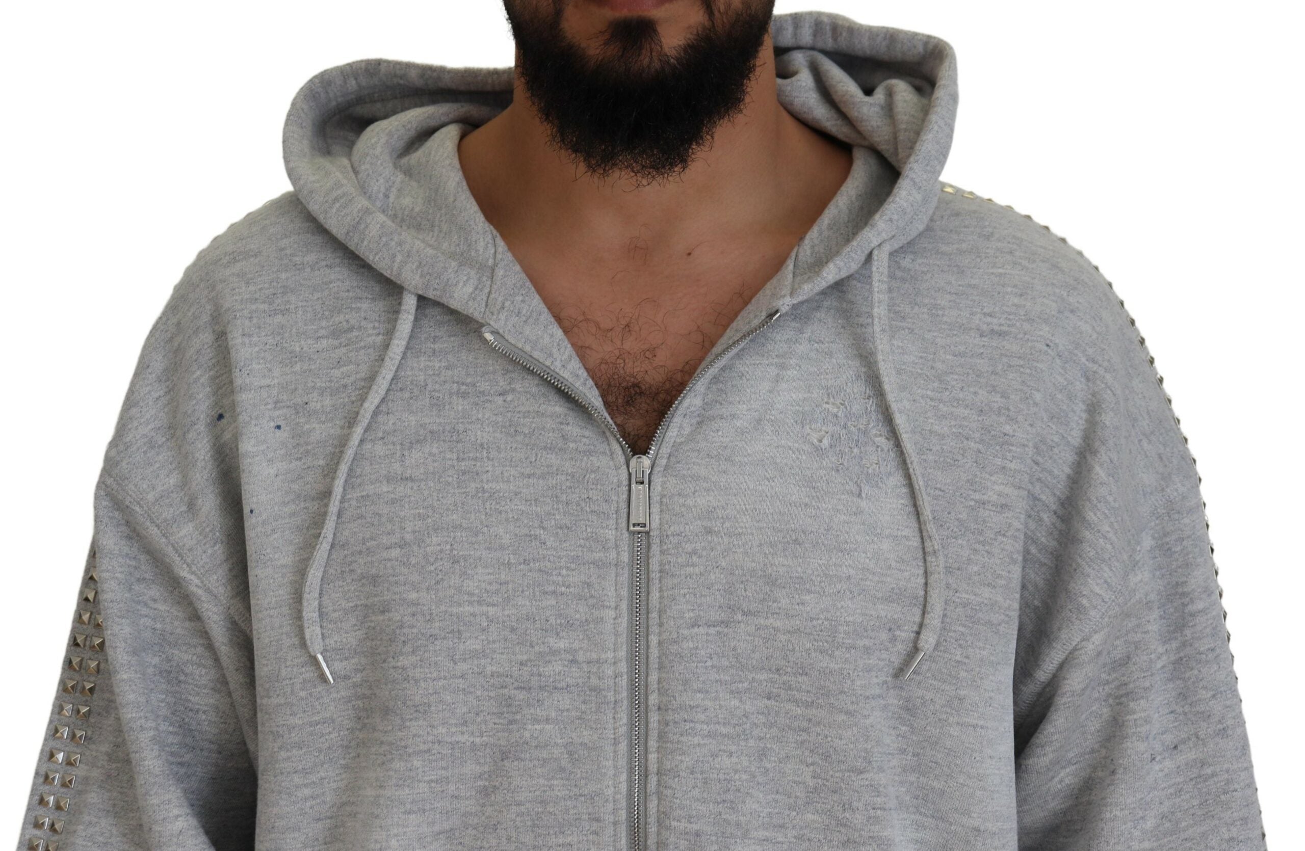 Pull gris à capuche Dsquared² avec imprimé et embellissements en cristal, style décontracté et élégant.