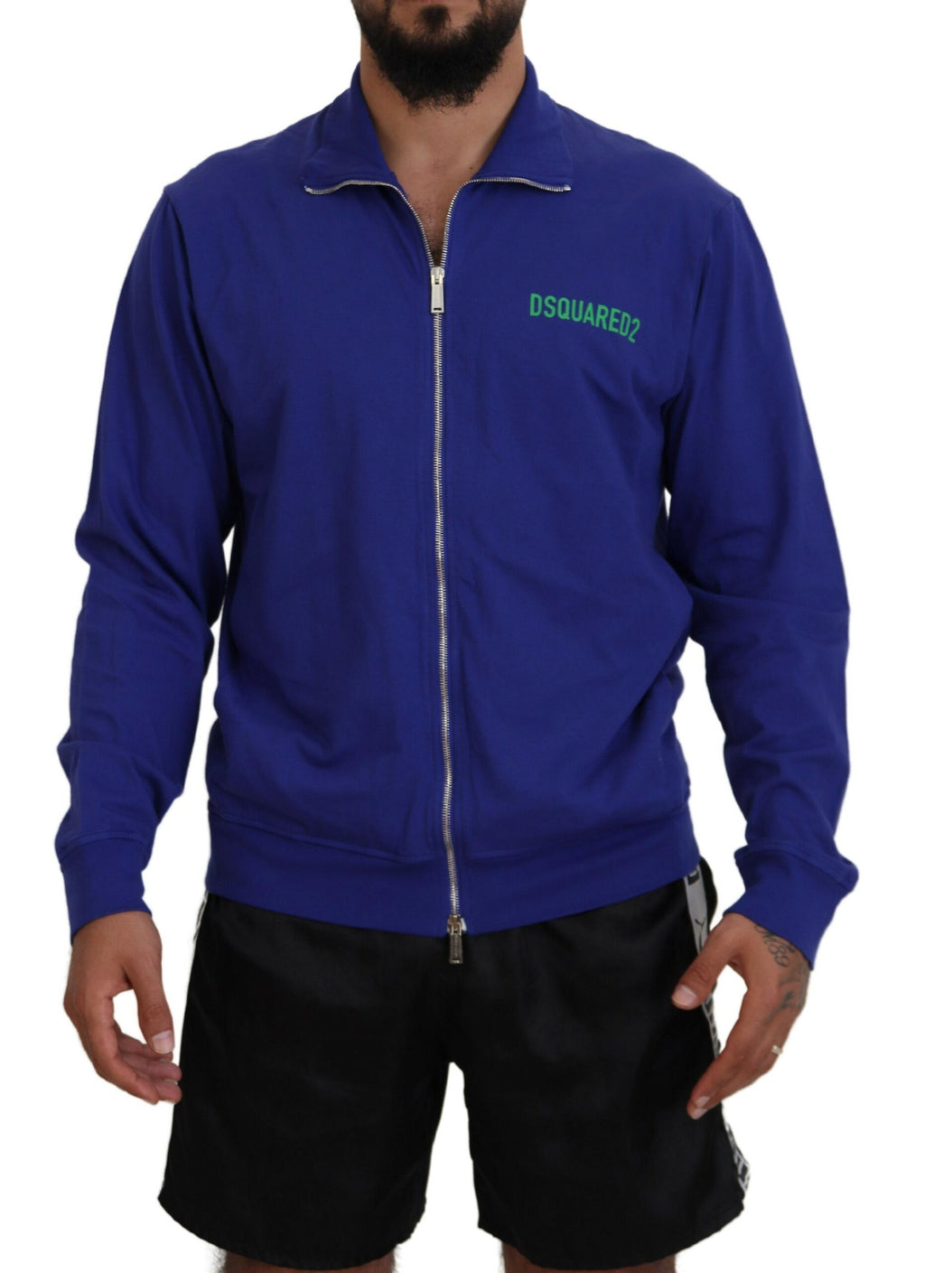 Pull homme bleu en coton imprimé avec col et fermeture éclair complète de Dsquared², confortable et élégant.