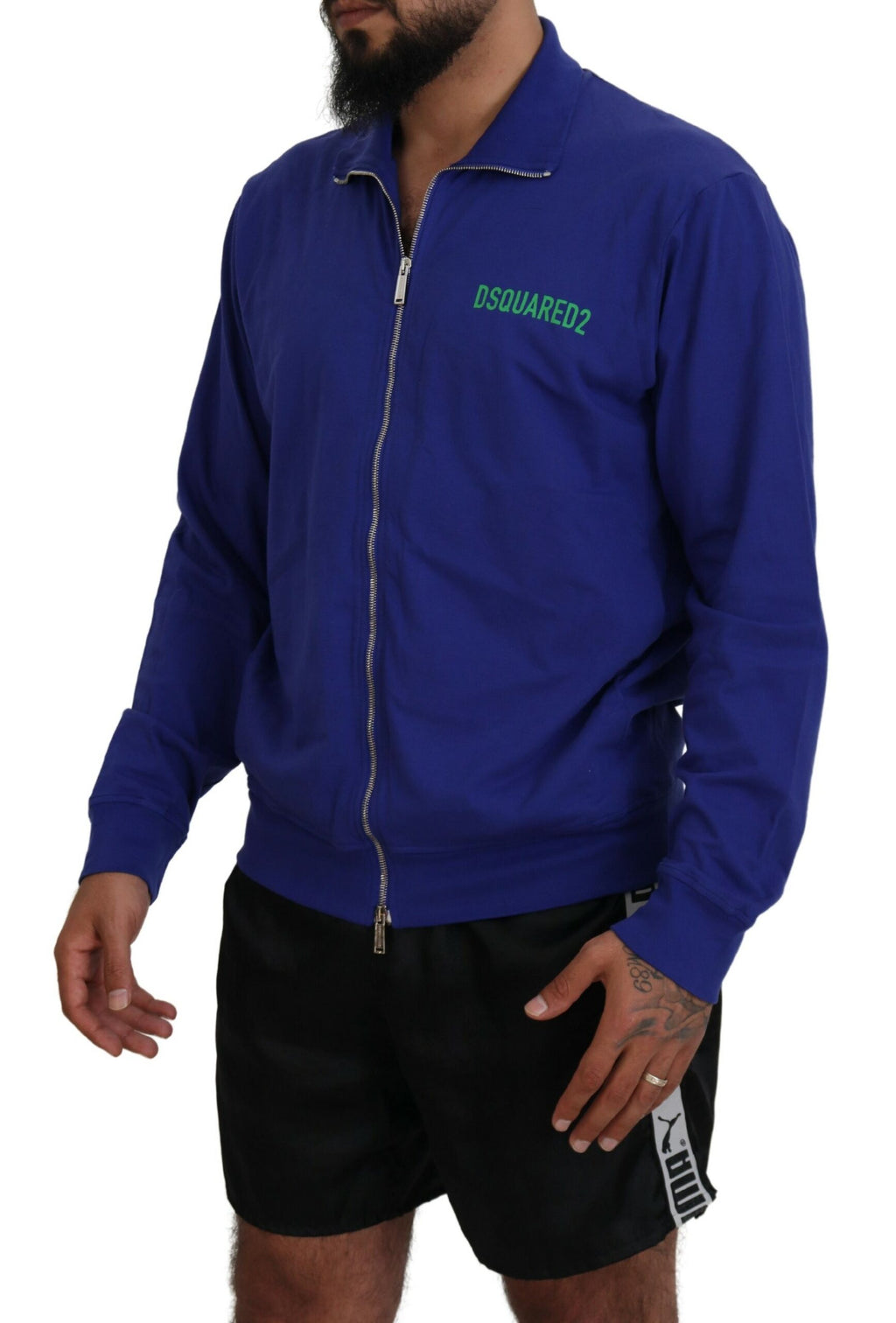 Pull en coton bleu imprimé à col avec zip complet de Dsquared², pour homme, veste confortable et stylée.