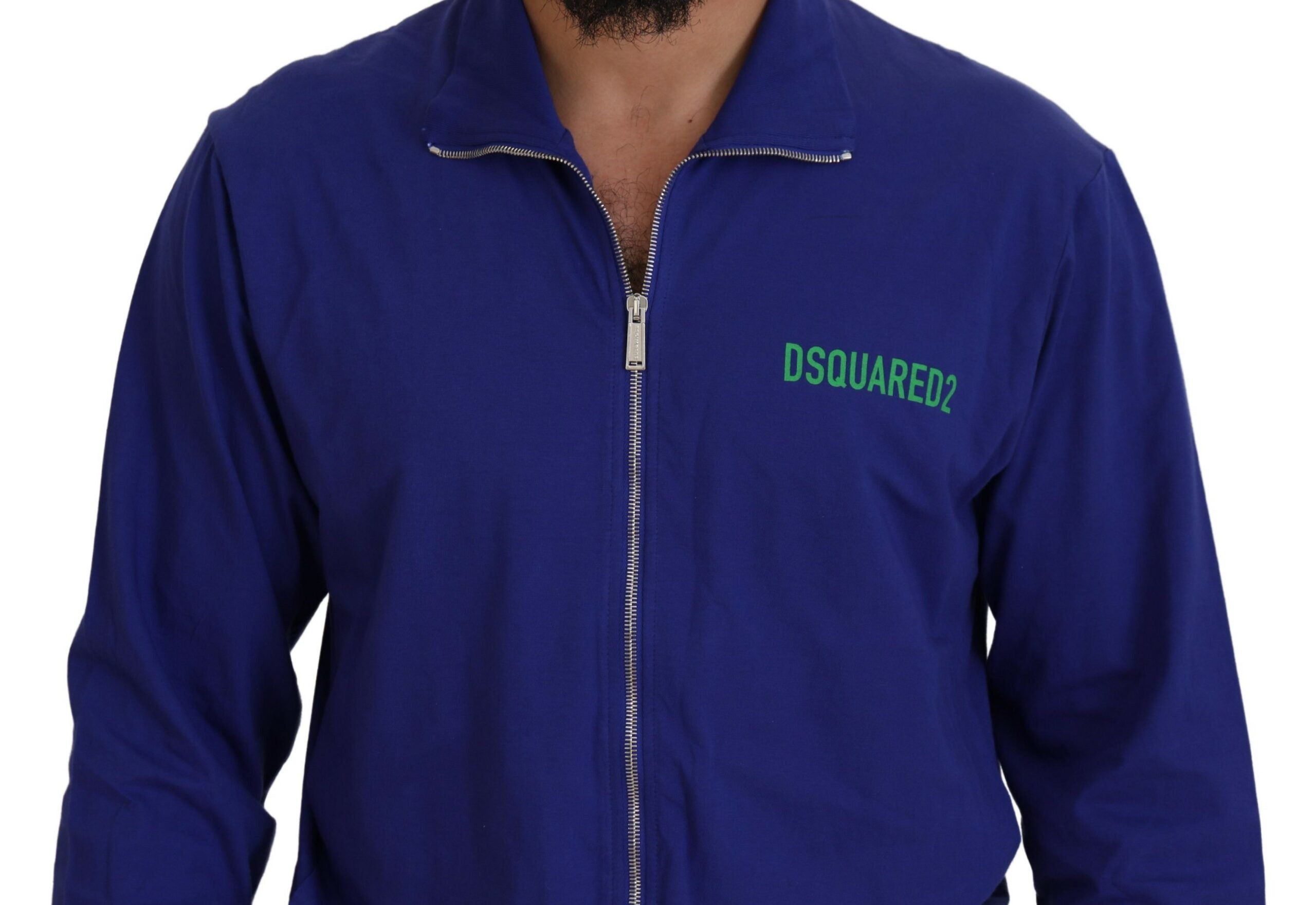 Sweat-shirt zippé pour homme Dsquared² en coton bleu avec imprimé et col, style décontracté et moderne.