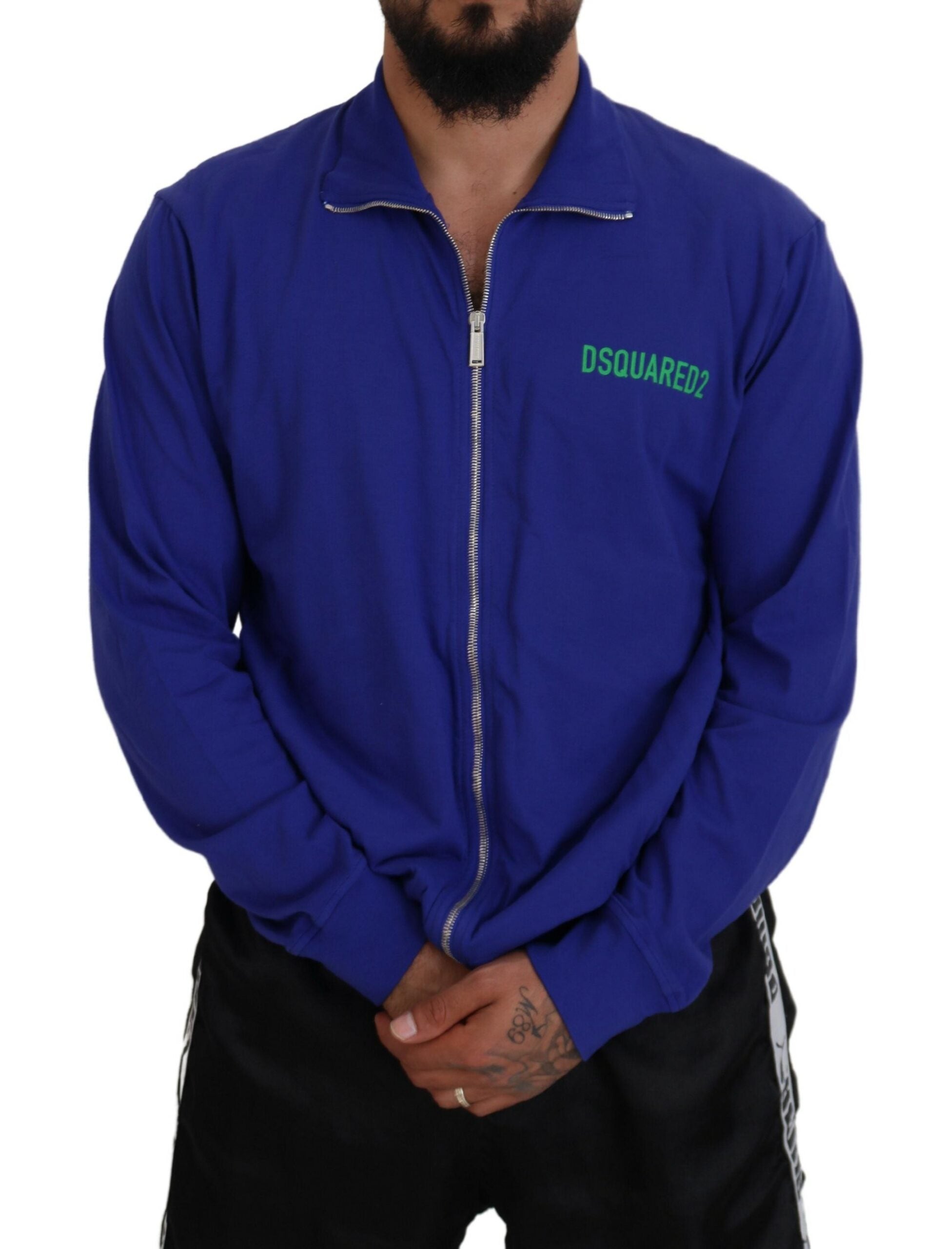 Pull homme à zip complet Dsquared² bleu en coton avec imprimé et col, style décontracté et moderne.