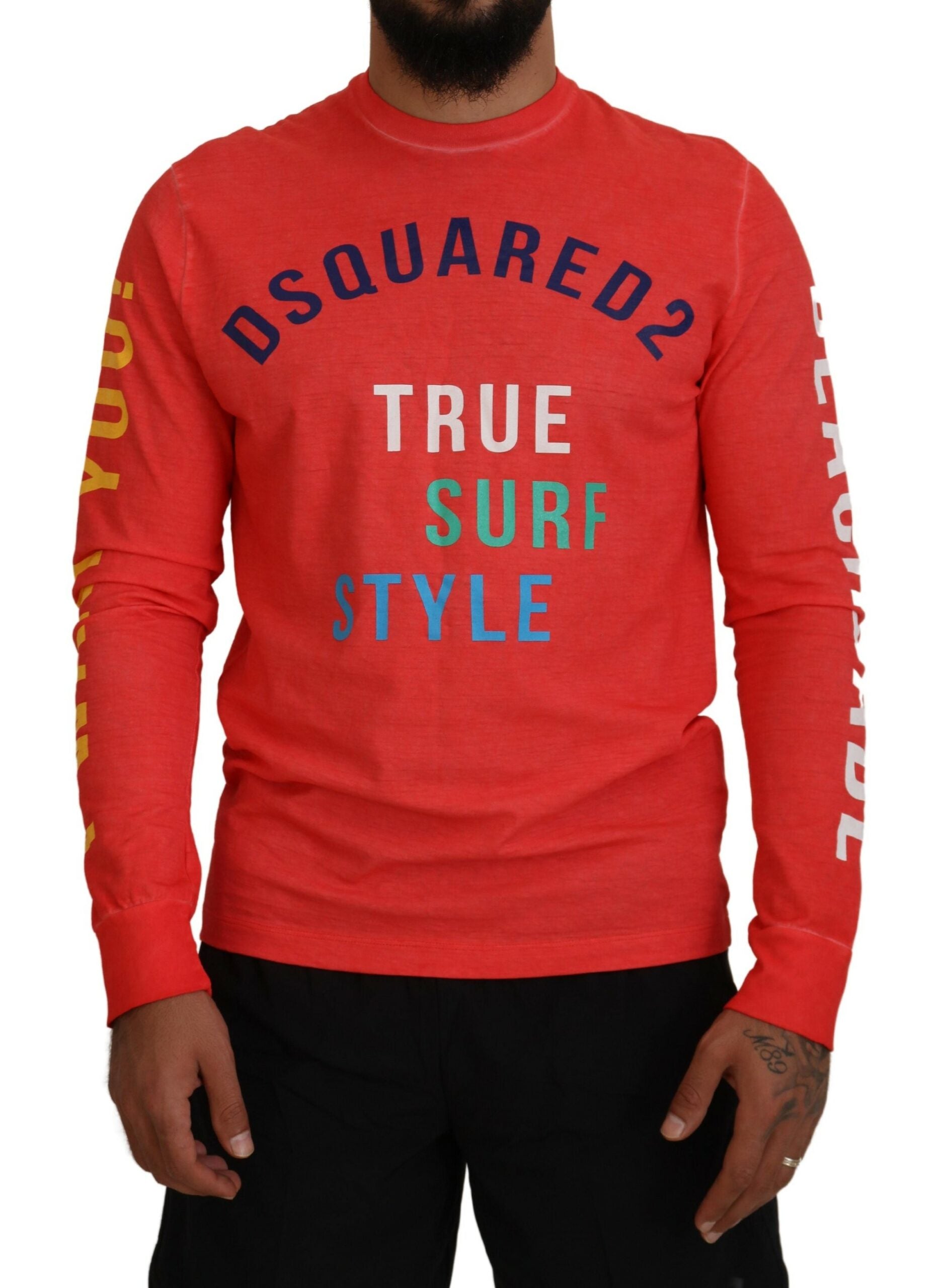 T-shirt à manches longues Dsquared² orange avec imprimé coloré, style décontracté et moderne.
