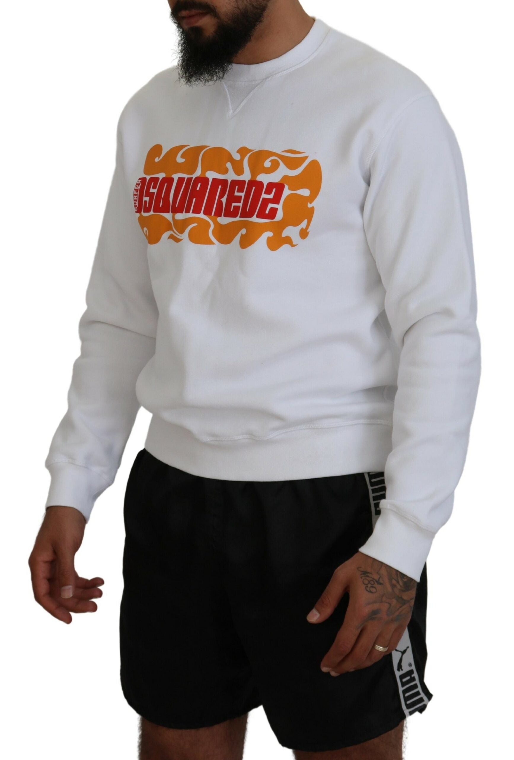 Pull à manches longues en coton blanc imprimé Dsquared², pull-over décontracté avec motifs modernes.