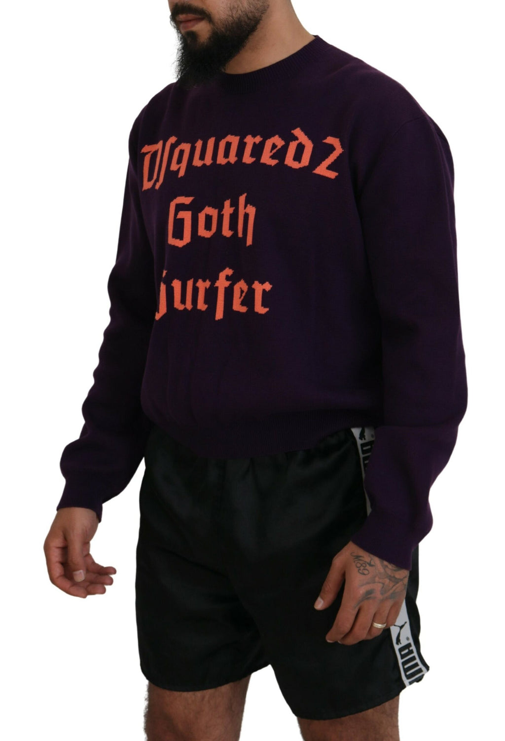 Pull à manches longues pour homme Dsquared² en coton violet avec imprimé, pull-over à la mode et confortable.