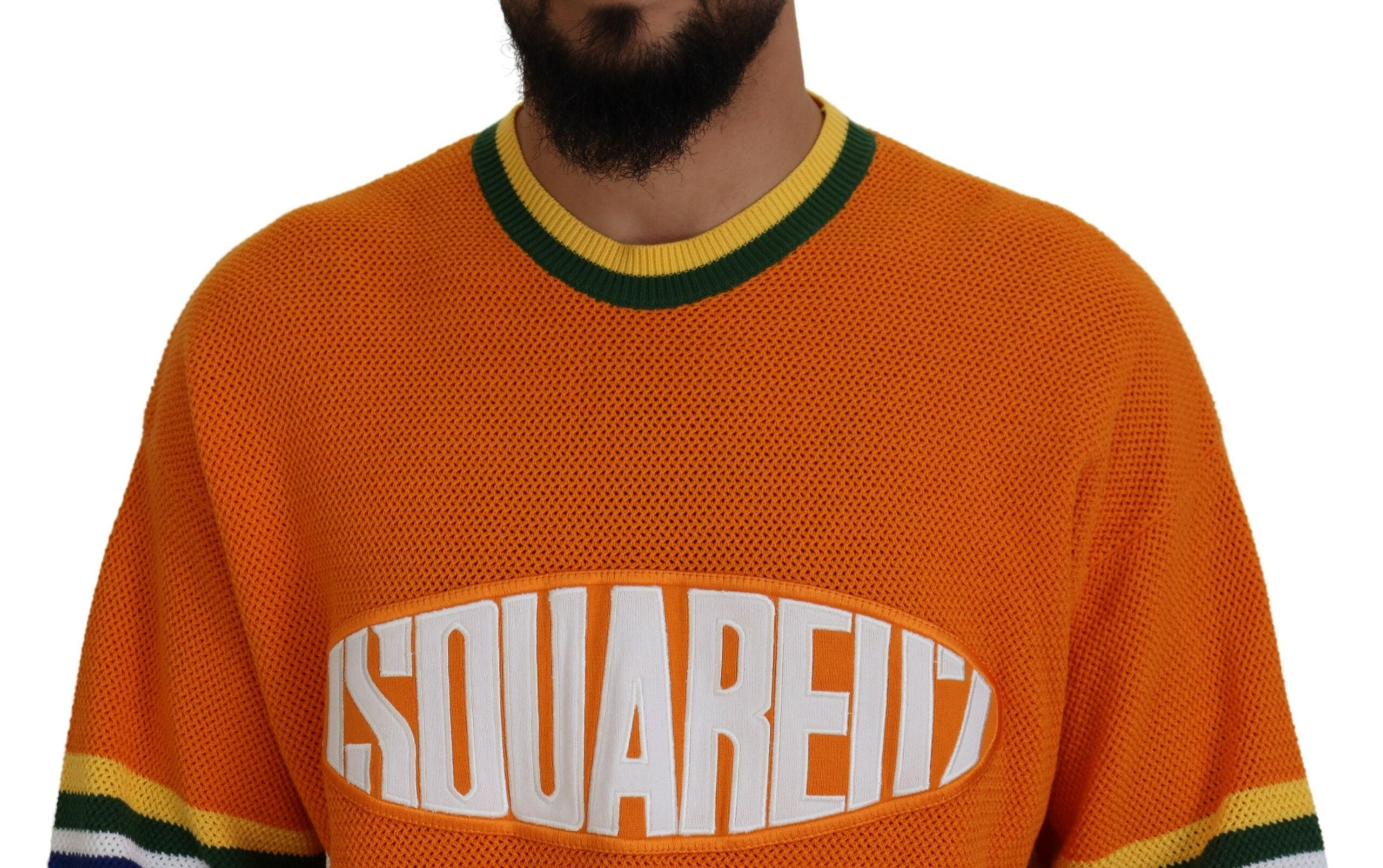 Pull à manches longues pour homme Dsquared² orange à imprimé, pull-over élégant en coton doux.