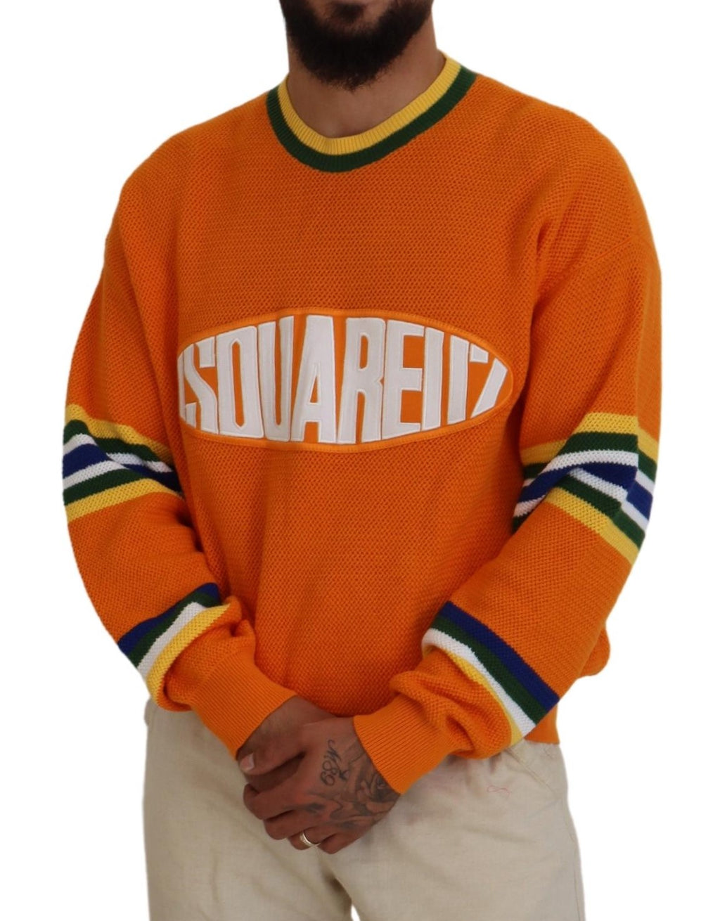 Pull à manches longues pour homme Dsquared² avec imprimé orange, design moderne et tissu confortable.