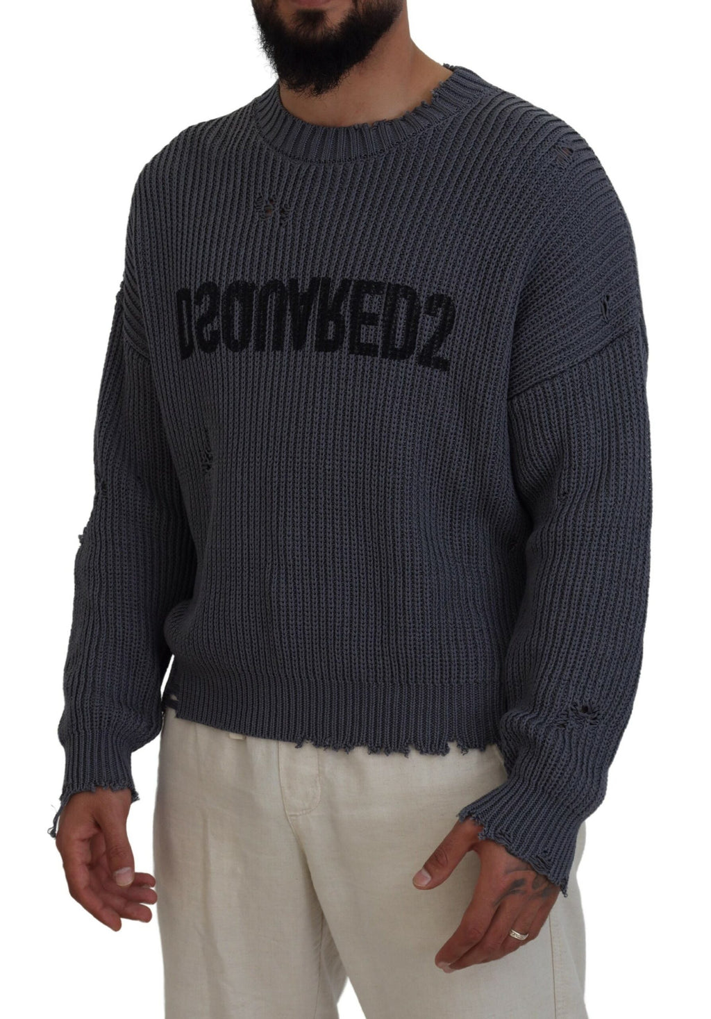 Pull en maille gris déchiré pour homme de Dsquared², pull torsadé avec détails usés, style moderne et décontracté.