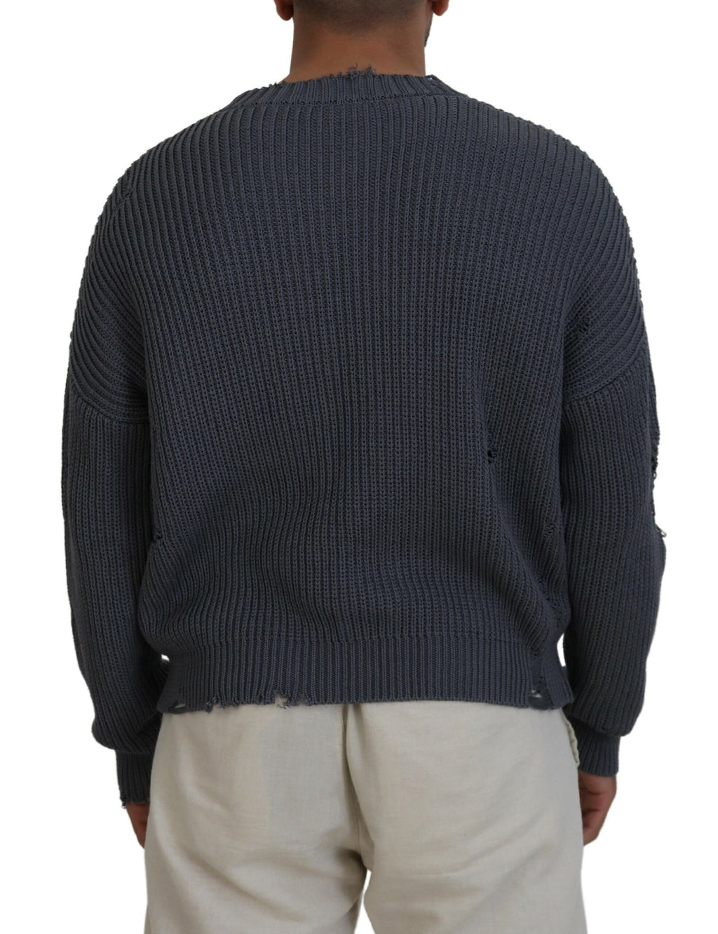 Pull à col rond gris pour homme de Dsquared², tricoté avec effets déchirés et style décontracté.