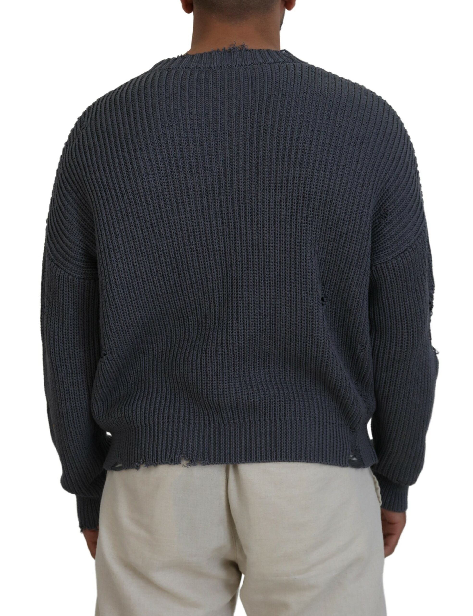 Pull à col rond gris pour homme de Dsquared², tricoté avec effets déchirés et style décontracté.