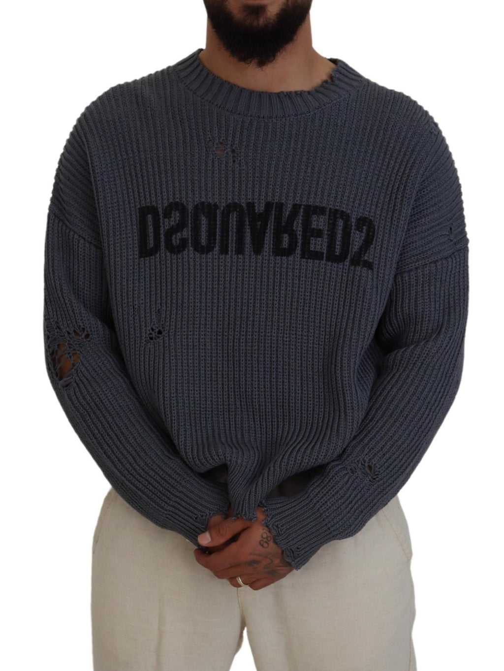 Pull noir gris en maille déchirée pour homme de Dsquared², pull-over tissé décontracté avec style moderne.
