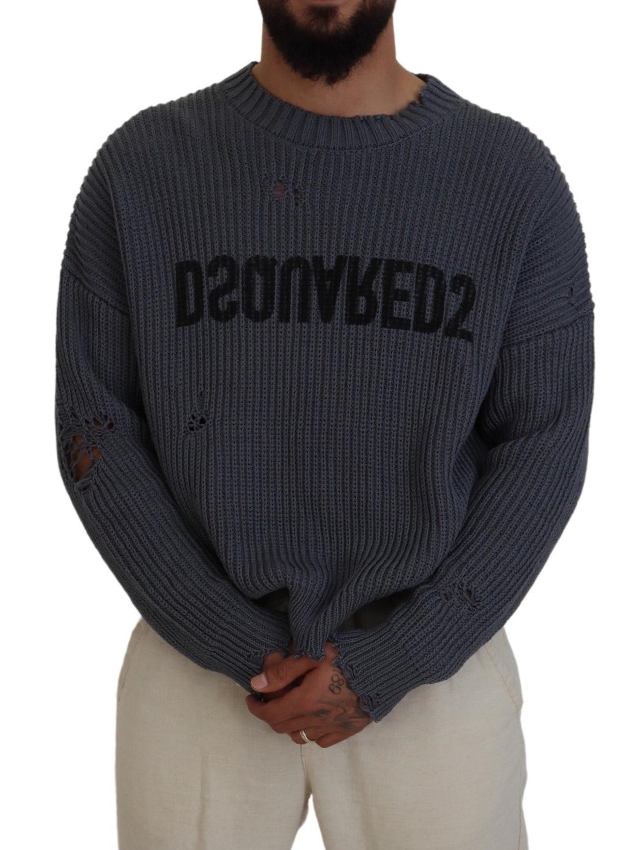 Pull noir gris en maille déchirée pour homme de Dsquared², pull-over tissé décontracté avec style moderne.