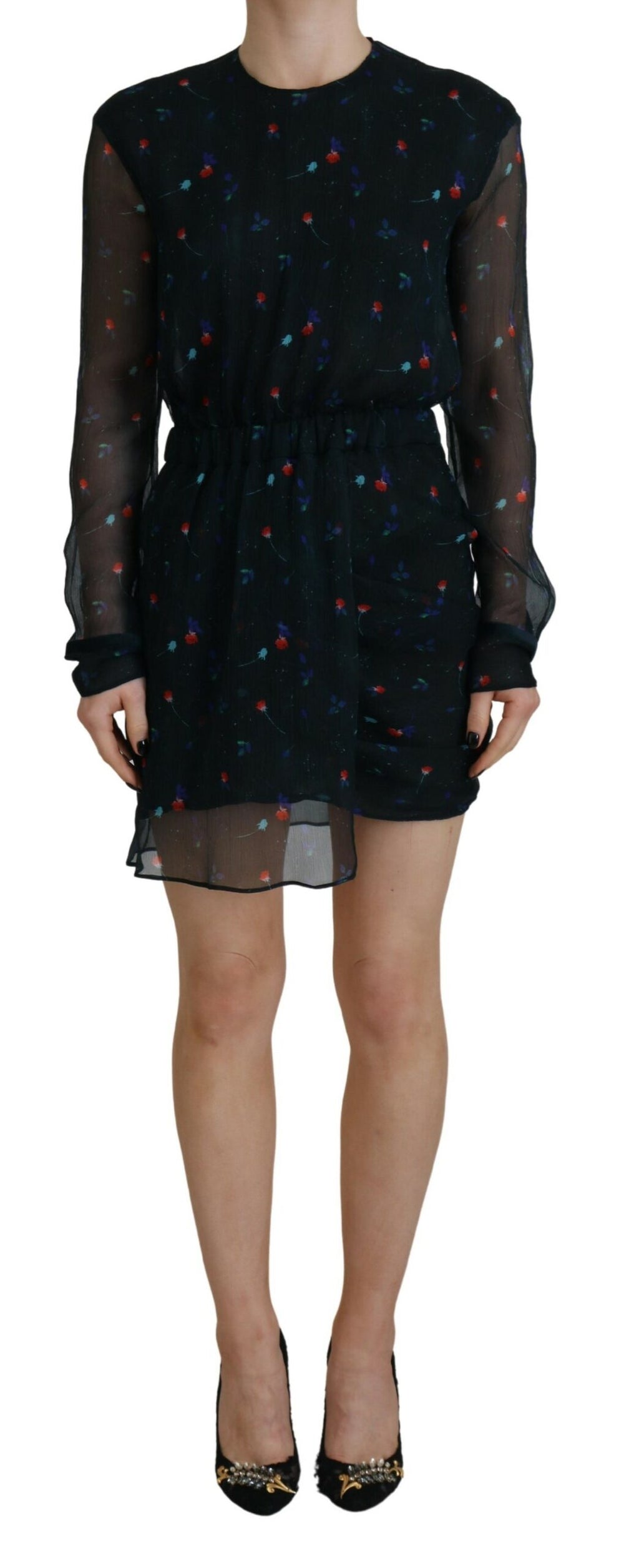 Robe courte en soie noire à fleurs, à manches longues, de style robe droite de la marque Dsquared².