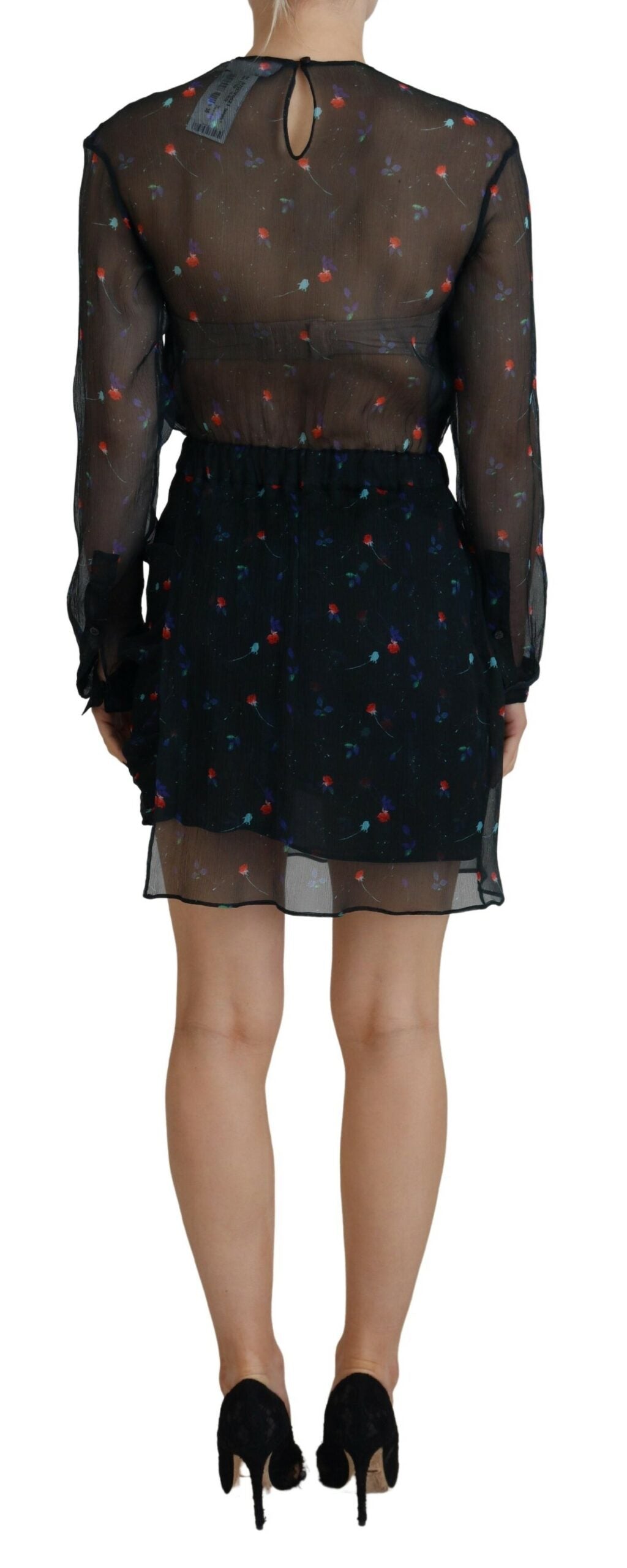 Robe courte en soie noire à fleurs de Dsquared² avec manches longues, coupe ajustée et élégante.