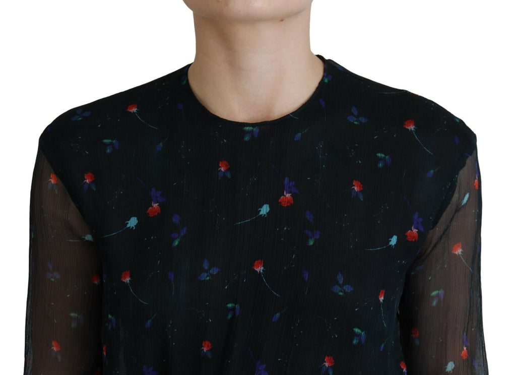 Robe courte en soie noire à fleurs de Dsquared² avec manches longues et coupe ajustée, élégante et féminine.