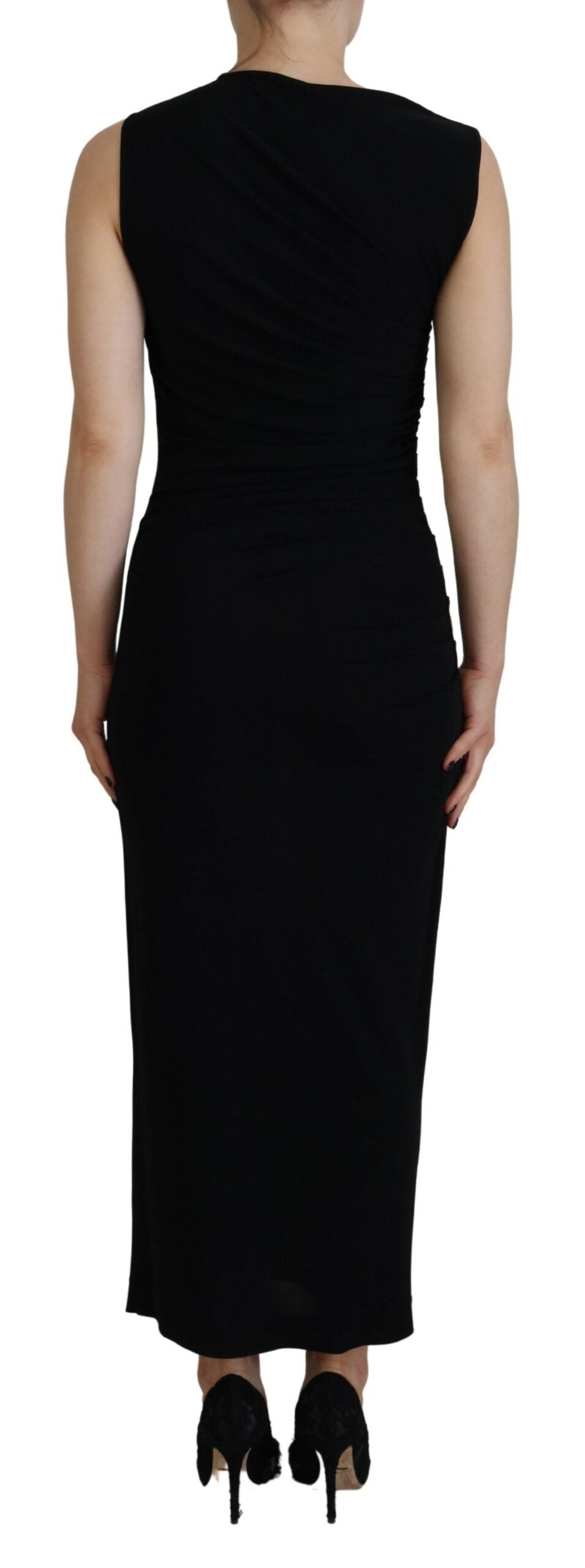 Robe longue sans manches en viscose noire de Dsquared² avec drapé et détails froncés, longueur maxi, élégance sophistiquée.
