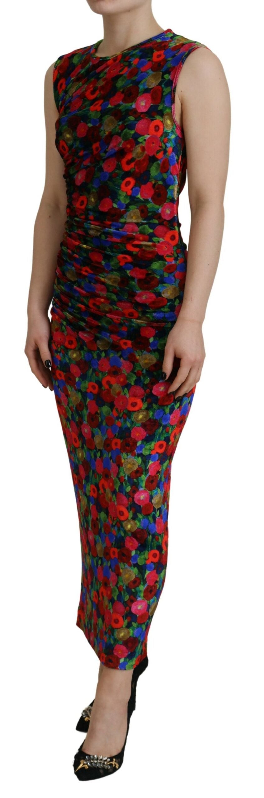Robe longue moulante à fleurs multicolores de Dsquared² avec drapé et détails ruchés, parfaite pour une tenue élégante.