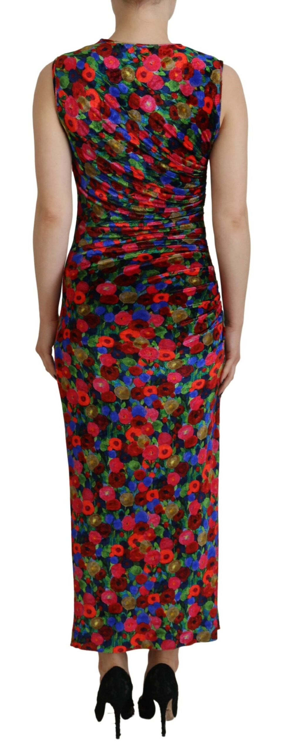 Robe longue moulante à fleurs multicolores Dsquared² avec drapé et ruché, vêtement élégant pour femmes.