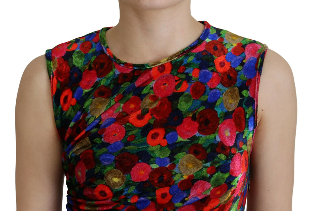 Robe longue moulante à fleurs multicolores de Dsquared² avec drapé et détails ruchés, parfaite pour une tenue élégante.
