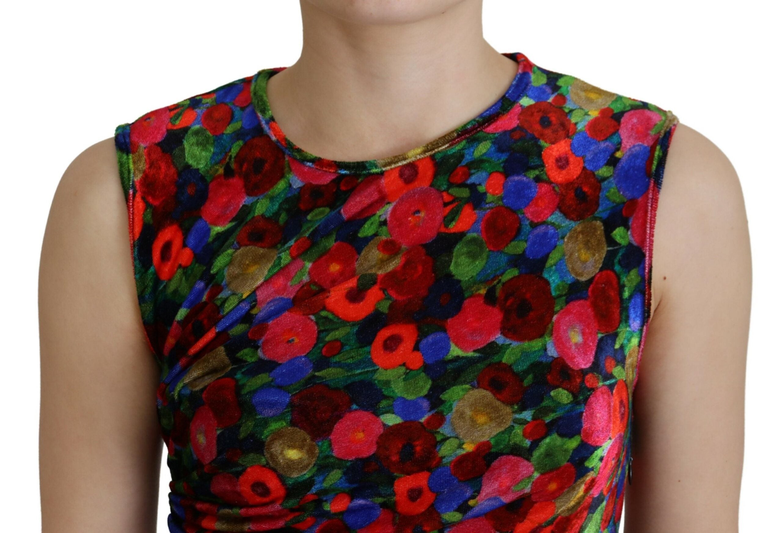 Robe longue moulante à fleurs multicolores de Dsquared² avec drapé et détails ruchés, parfaite pour une tenue élégante.