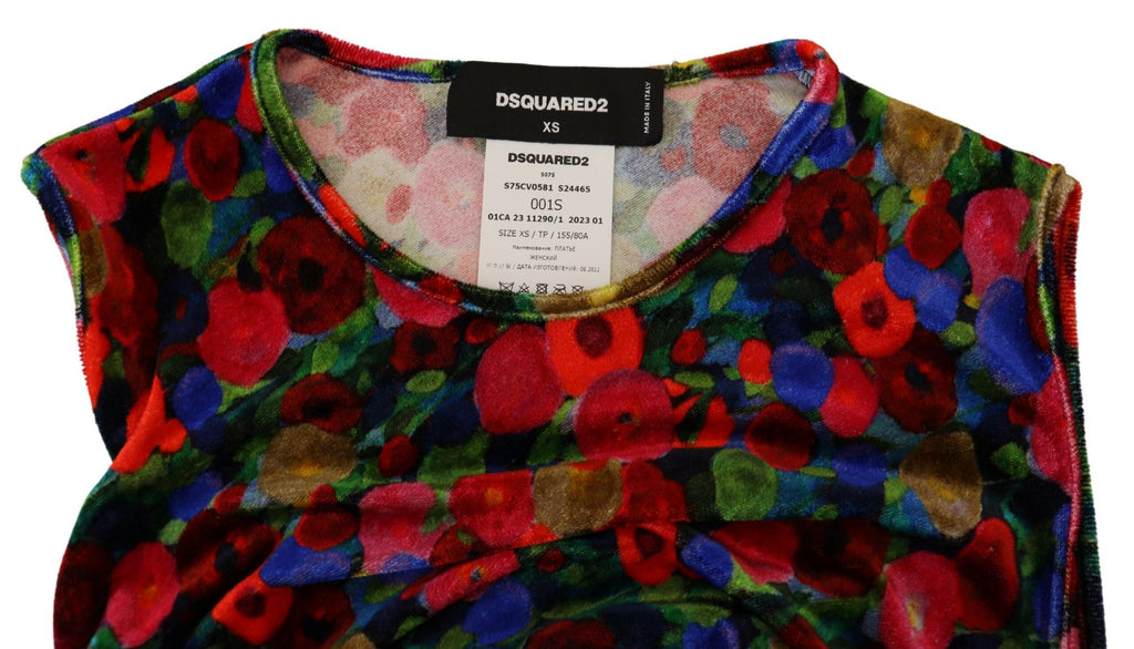 Robe longue moulante à fleurs multicolores de Dsquared², avec drapé et détails ruchés, pour une silhouette élégante.