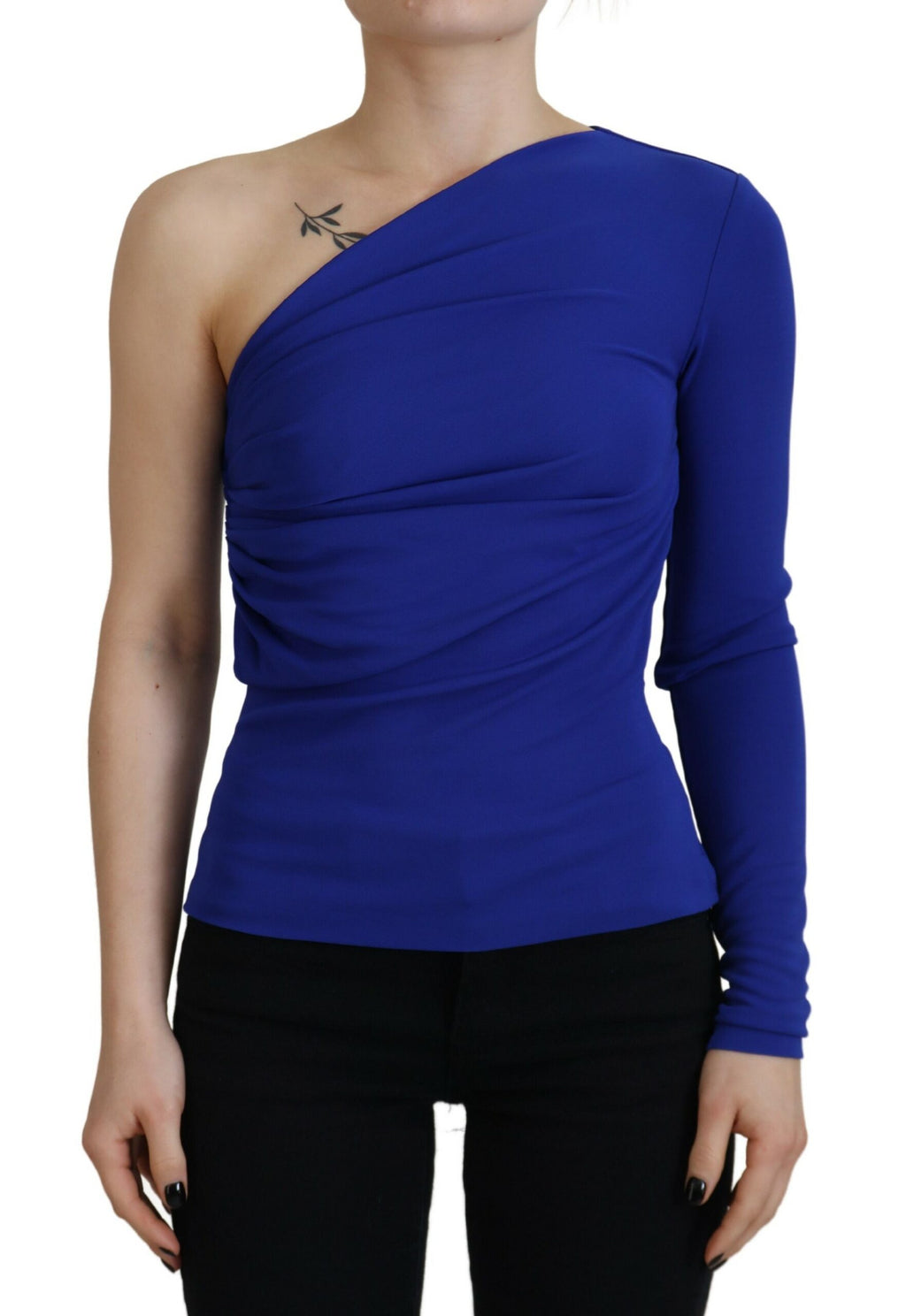 Chemise bleue viscose à une épaule Dsquared², coupe slim, élégante et ajustée, visible sur l'image.