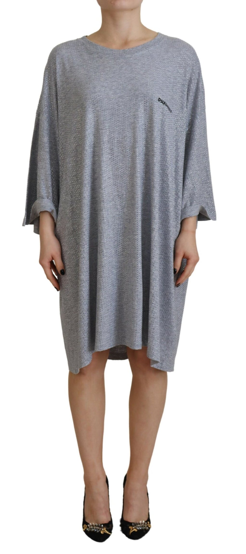 Robe longue en coton gris avec embellissements en cristaux, de la marque Dsquared², manches longues et style élégant.