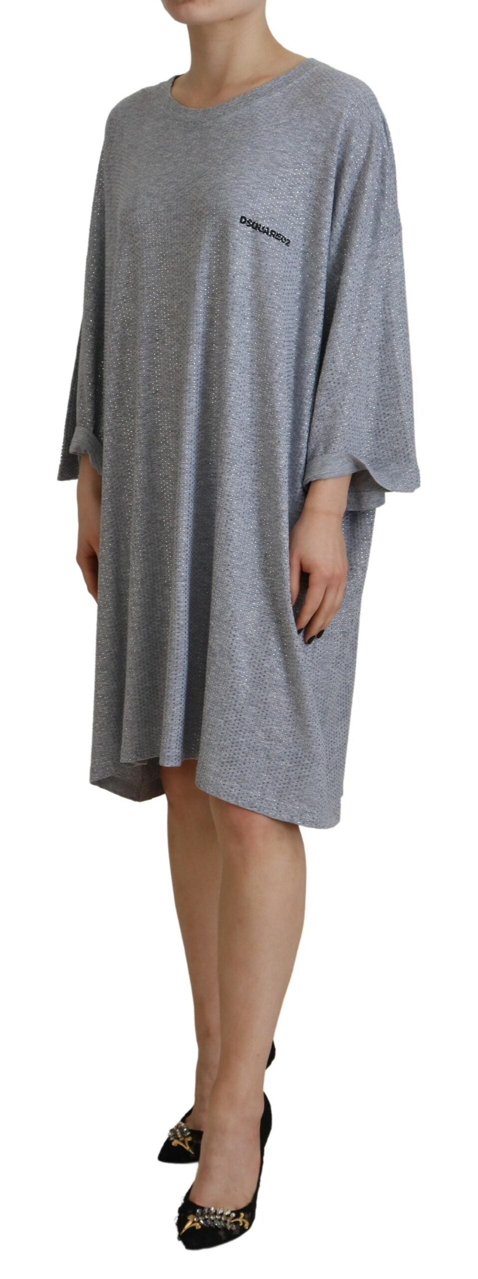Robe longue en coton gris avec cristaux brillants de Dsquared², manches longues et design élégant.