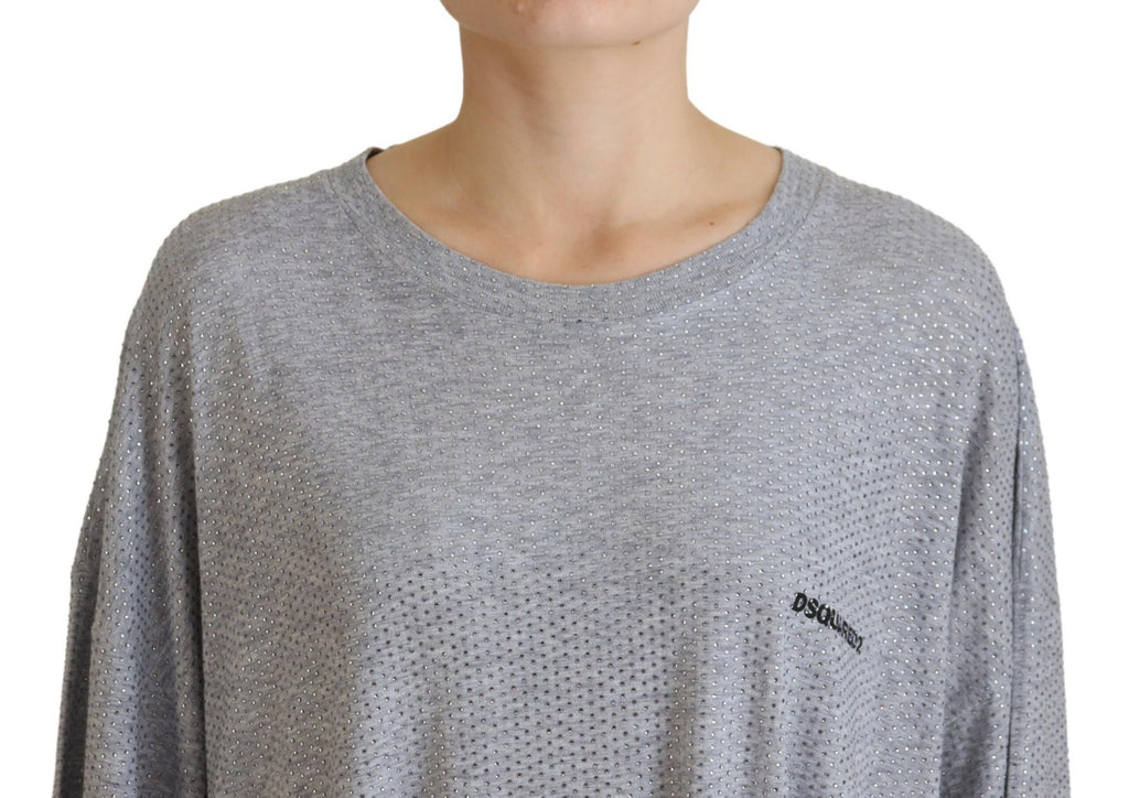 Robe longue en coton gris de Dsquared² avec cristaux brillants et manches longues, élégante et sophistiquée.