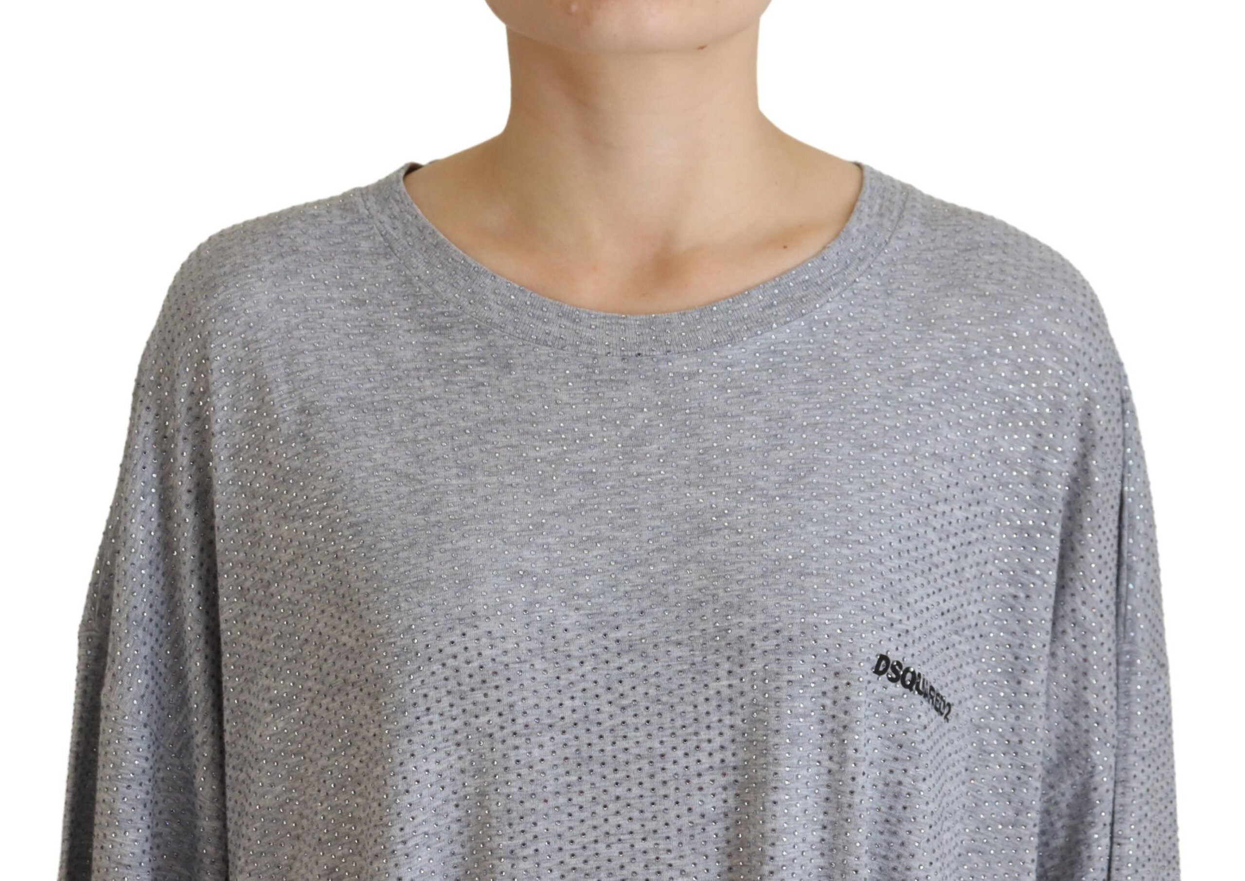 Robe longue en coton gris de Dsquared² avec cristaux brillants et manches longues, élégante et sophistiquée.