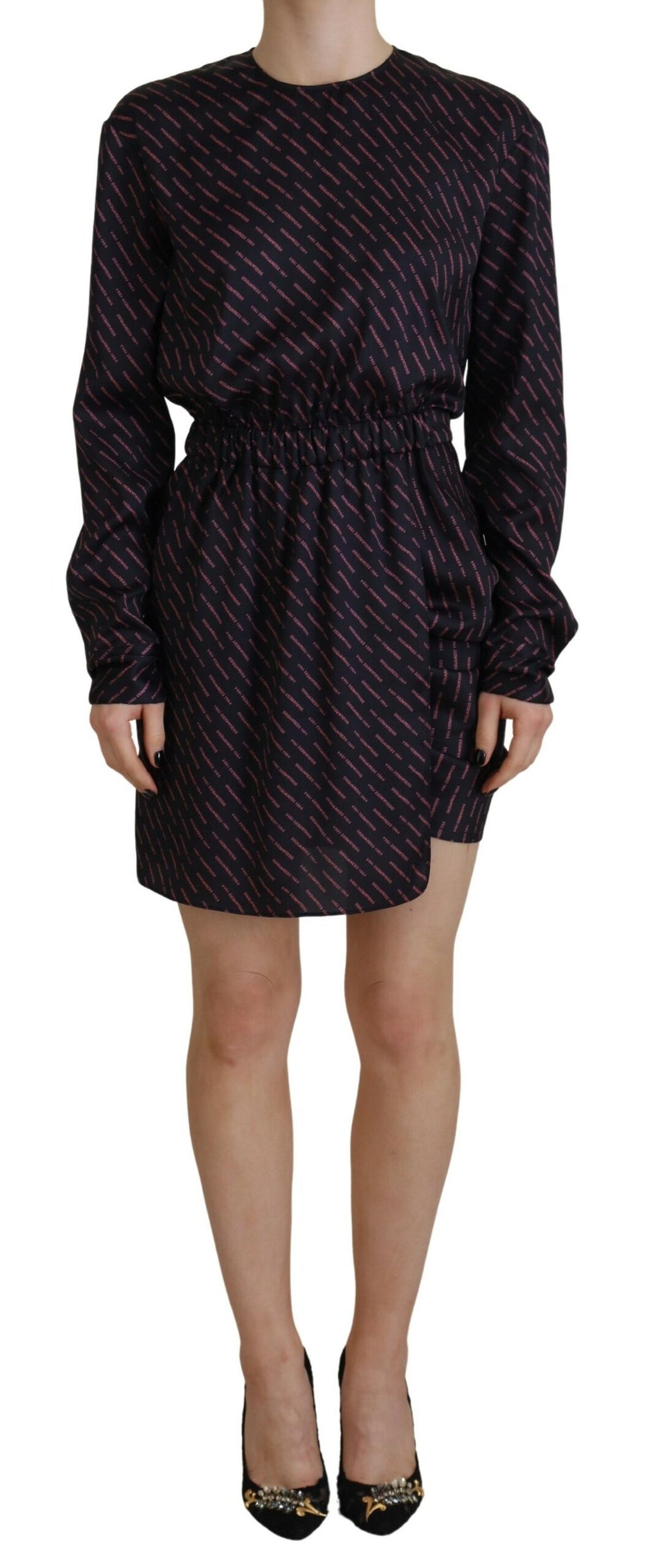 Robe courte à manches longues noire avec logo imprimé Dsquared², coupe en ligne A, vêtement de mode pour femme.