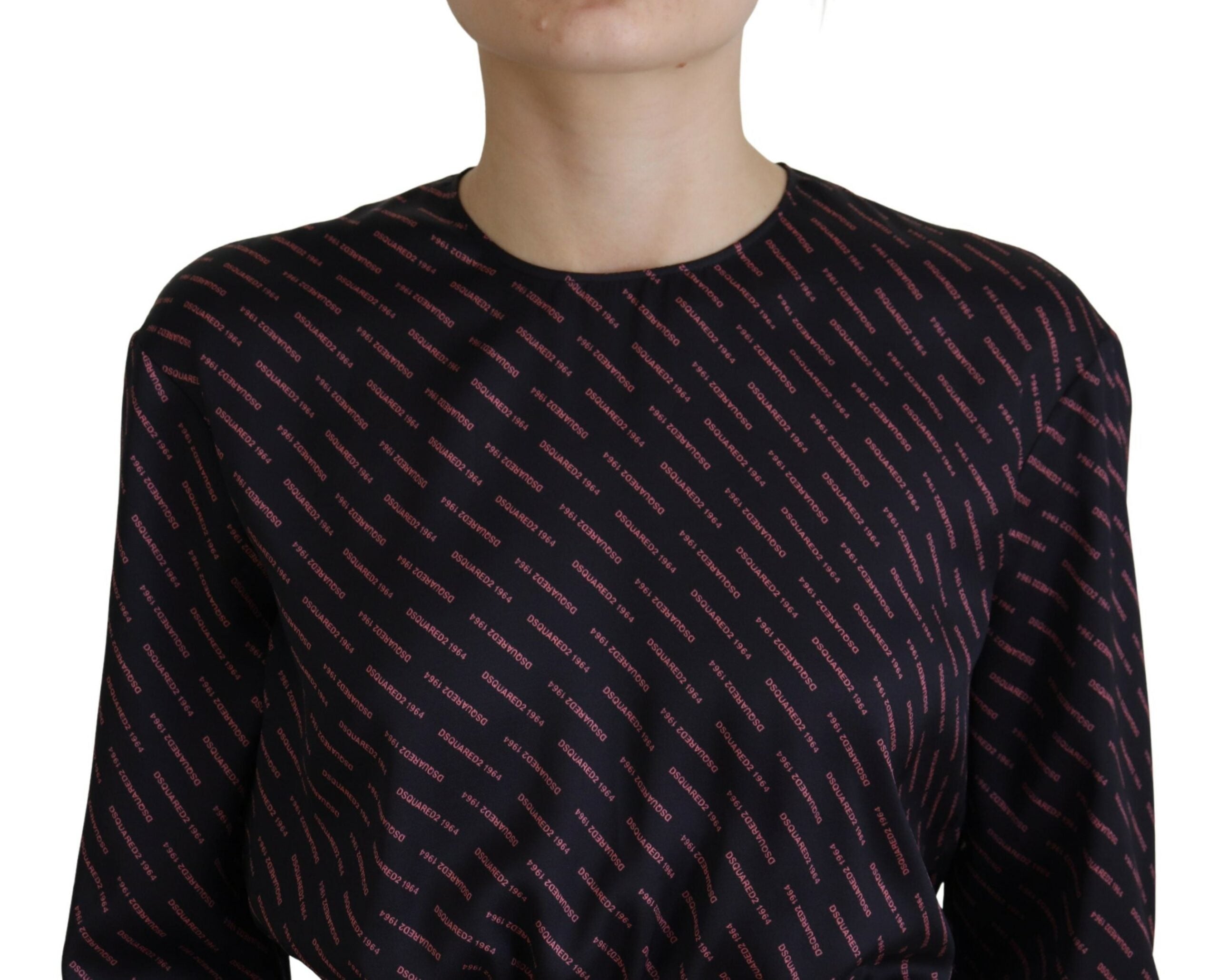 Robe courte en jersey noir avec logo imprimé, manches longues et style A-line, marque Dsquared², élégante et moderne.