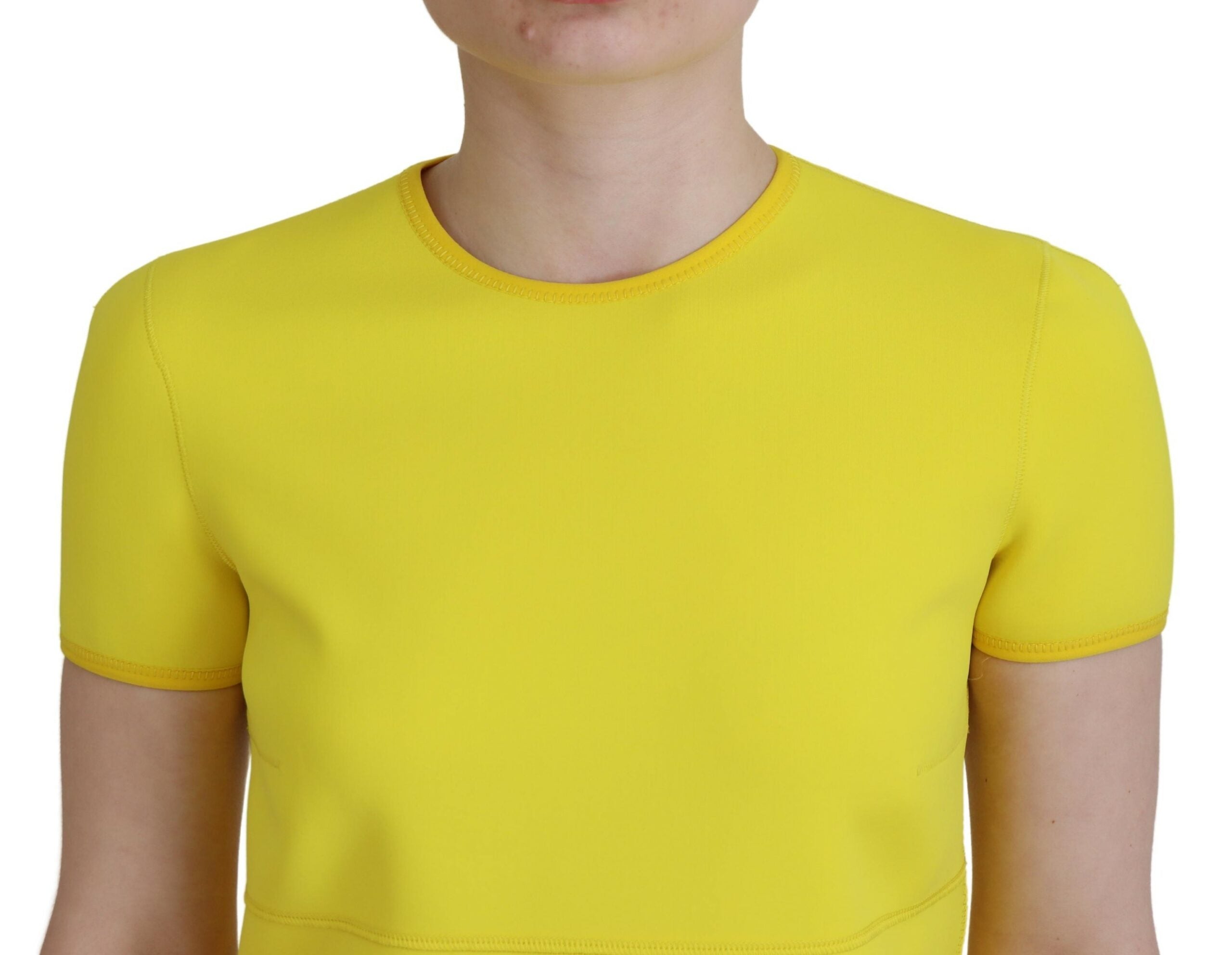 Robe courte jaune en nylon à manches courtes et col rond de Dsquared², style minimaliste et moderne.