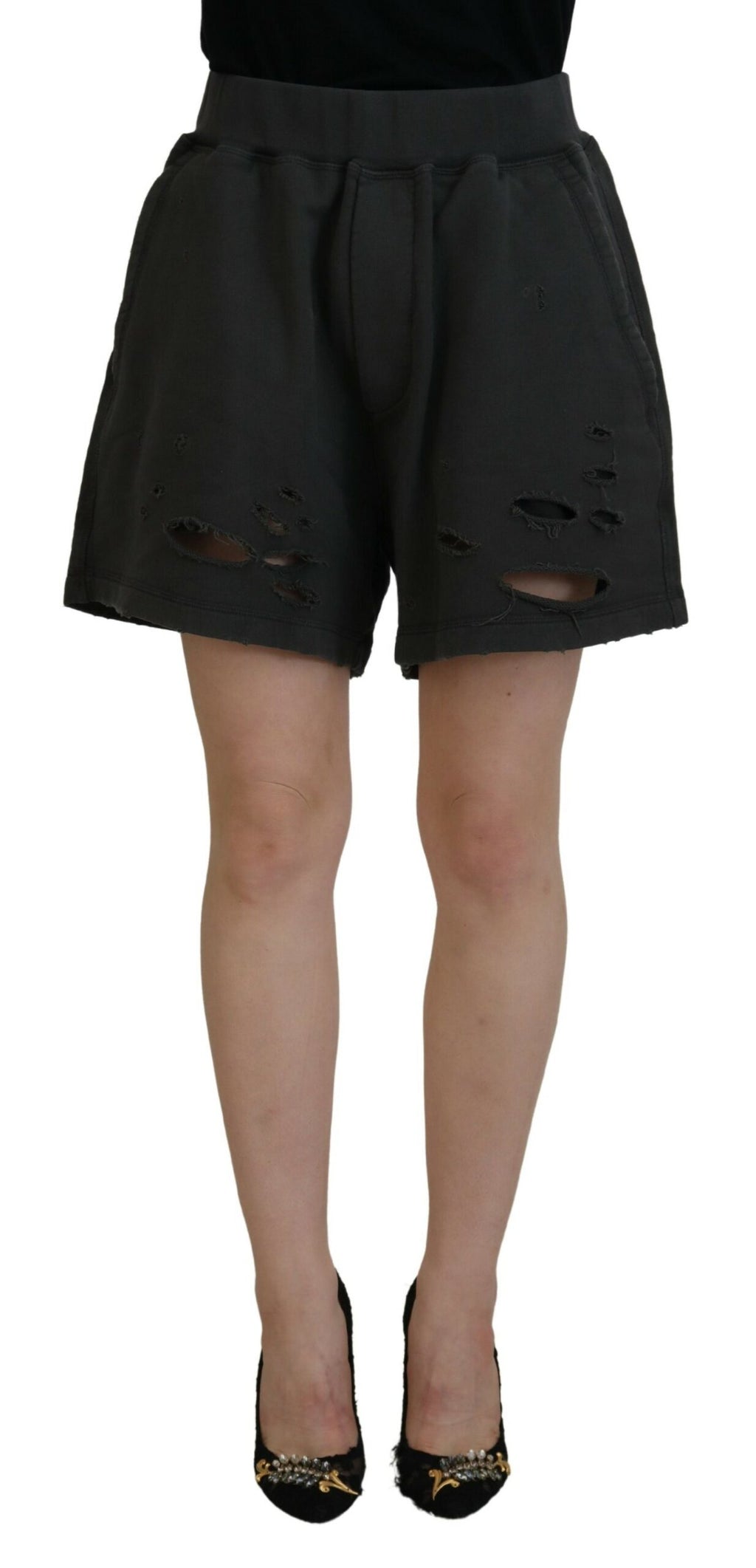 Shorts en coton noir Dsquared², taille mi-haute, déchirés et fuselés, mode décontractée et tendance.