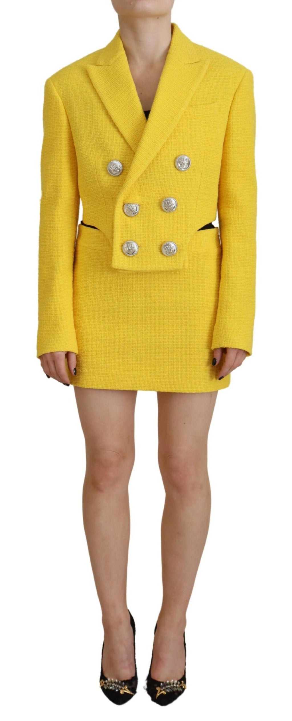 Costume femme Dsquared², blazer court jaune à double boutonnage avec jupe assortie, style élégant et moderne.